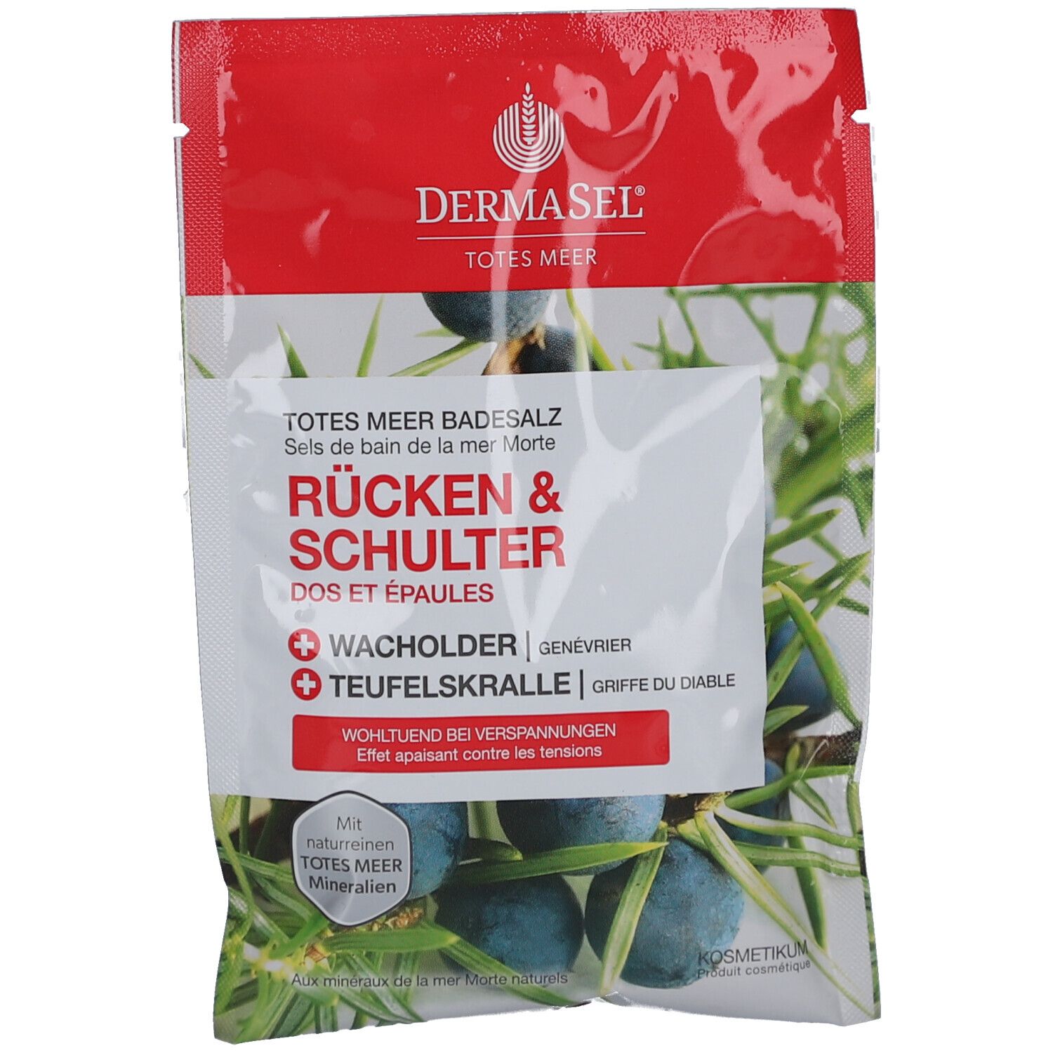 Verpackung mit Produktnamen und Inhaltsstoffen. Roter und weißer Hintergrund. Text: Rücken & Schulter, Wacholder, Teufelskralle.