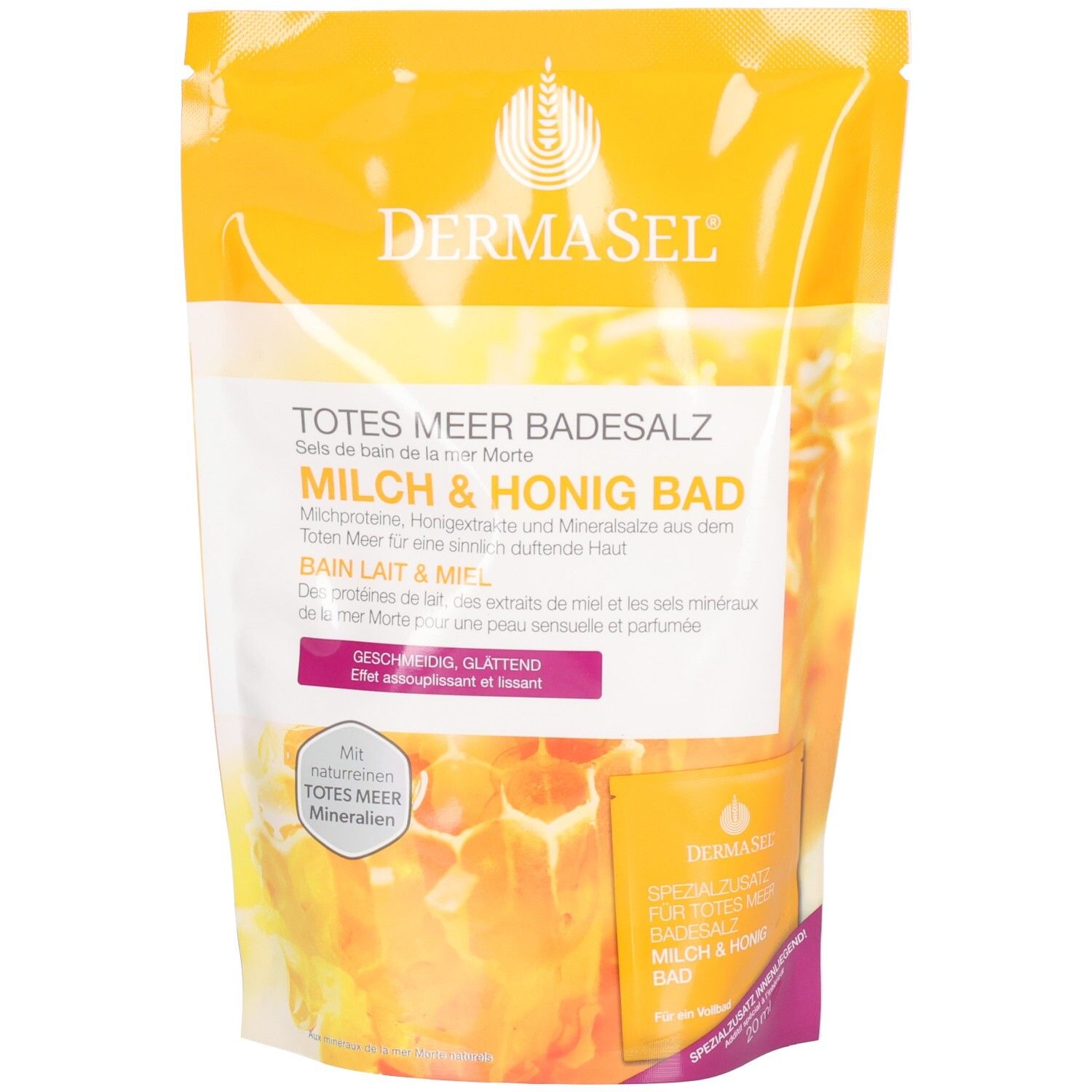 Sachet de bain DERMASEL® SPA Lait & Miel. Emballage jaune transparent avec nom et logo du produit. Contient du sel de bain de la mer Morte.