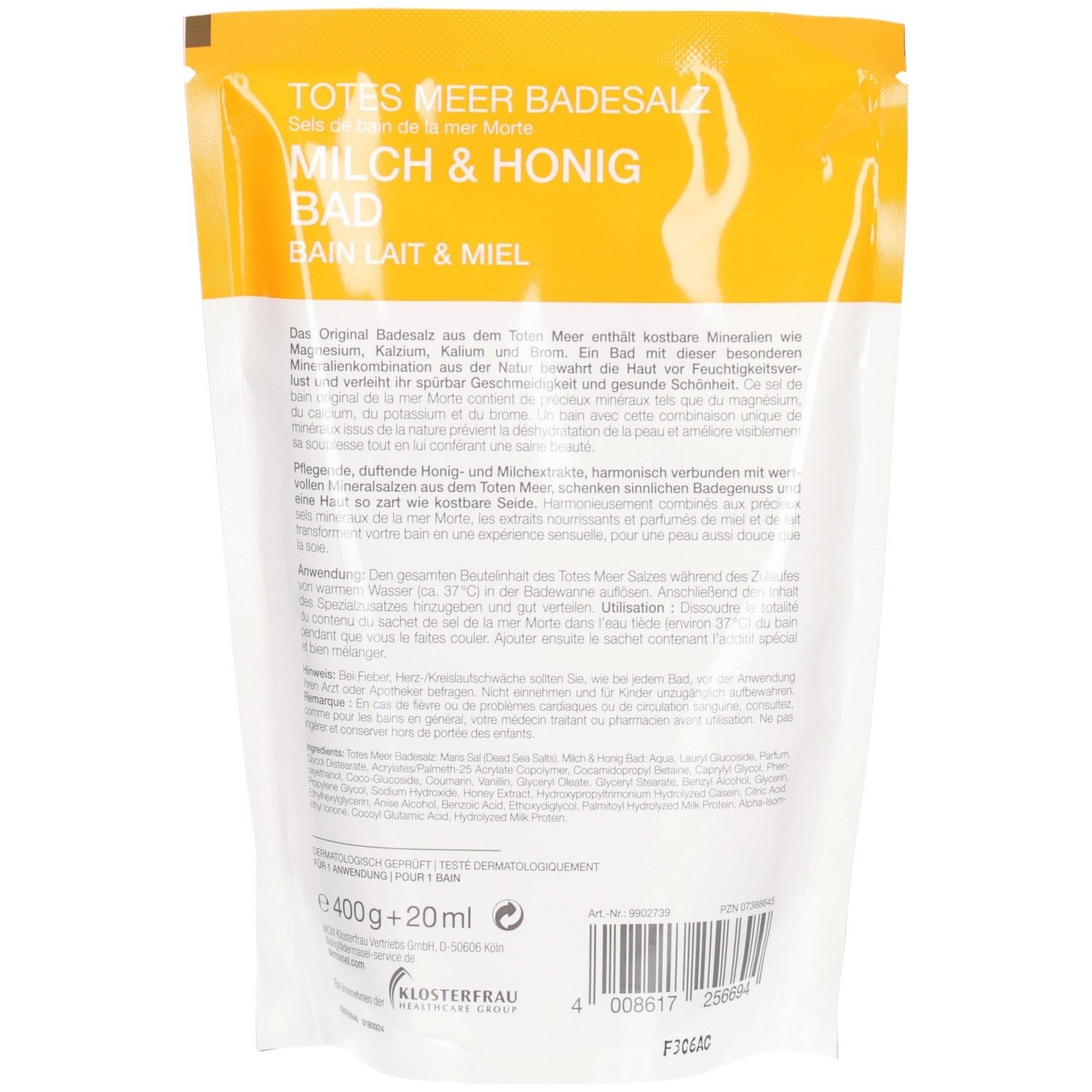 Dos de l'emballage DERMASEL® SPA Lait & Miel. Informations textuelles, ingrédients et logo. Contient 400g + 20ml.