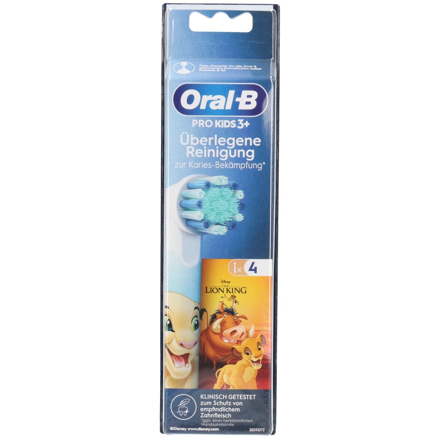 Tête de brosse à dents pour enfants. Emballage avec logo Oral-B, motif Le Roi Lion et informations produit.