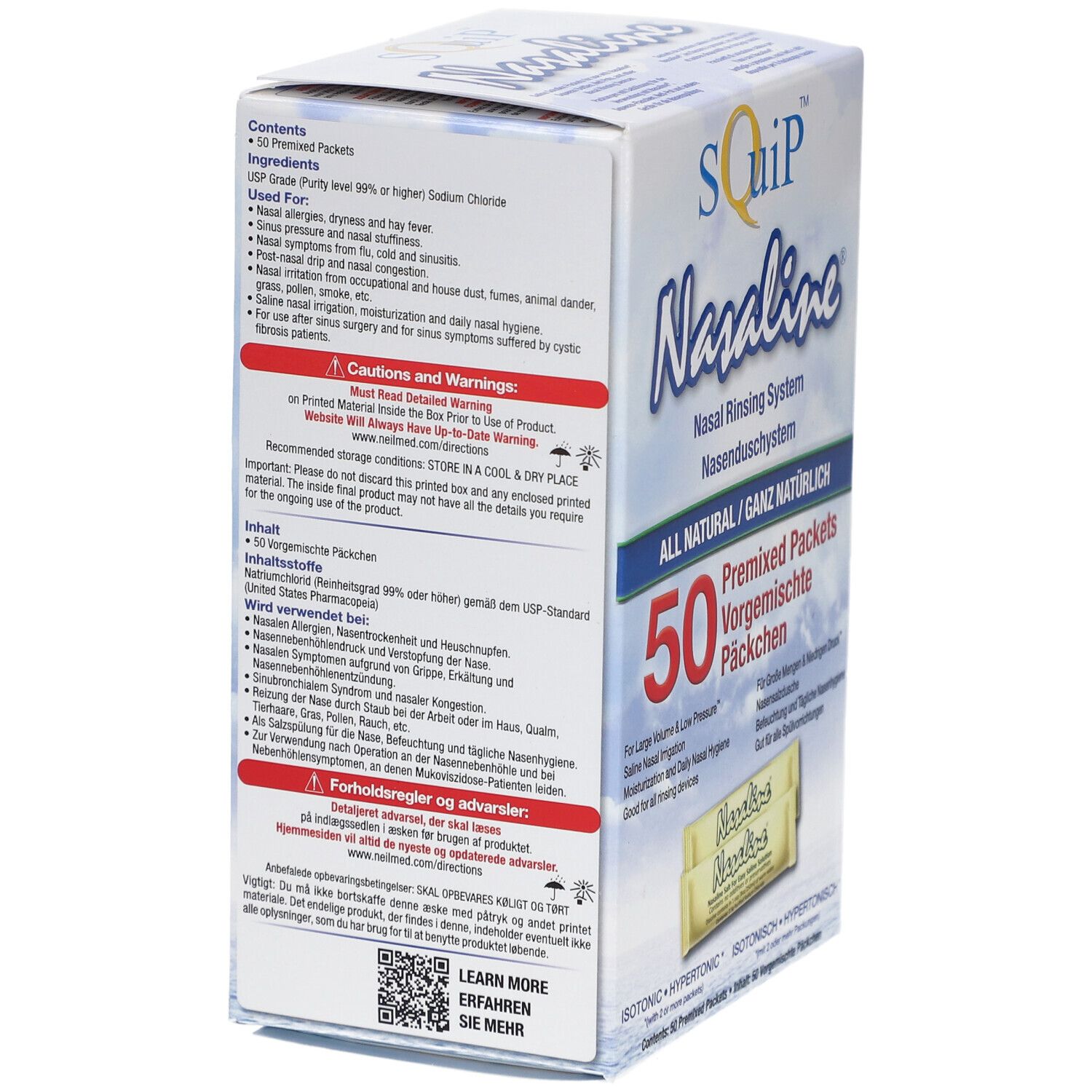Boîte de Nasaline pour rinçage nasal. Contient 50 sachets pré-mélangés. Dos avec informations et avertissements.