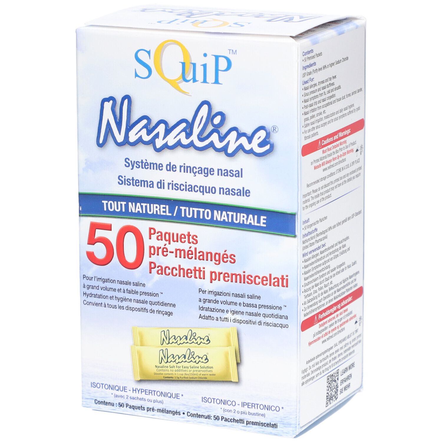 Boîte de Nasaline pour rinçage nasal. Contient 50 sachets pré-mélangés. Inscription : Système de rinçage nasal, TOUT NATUREL.