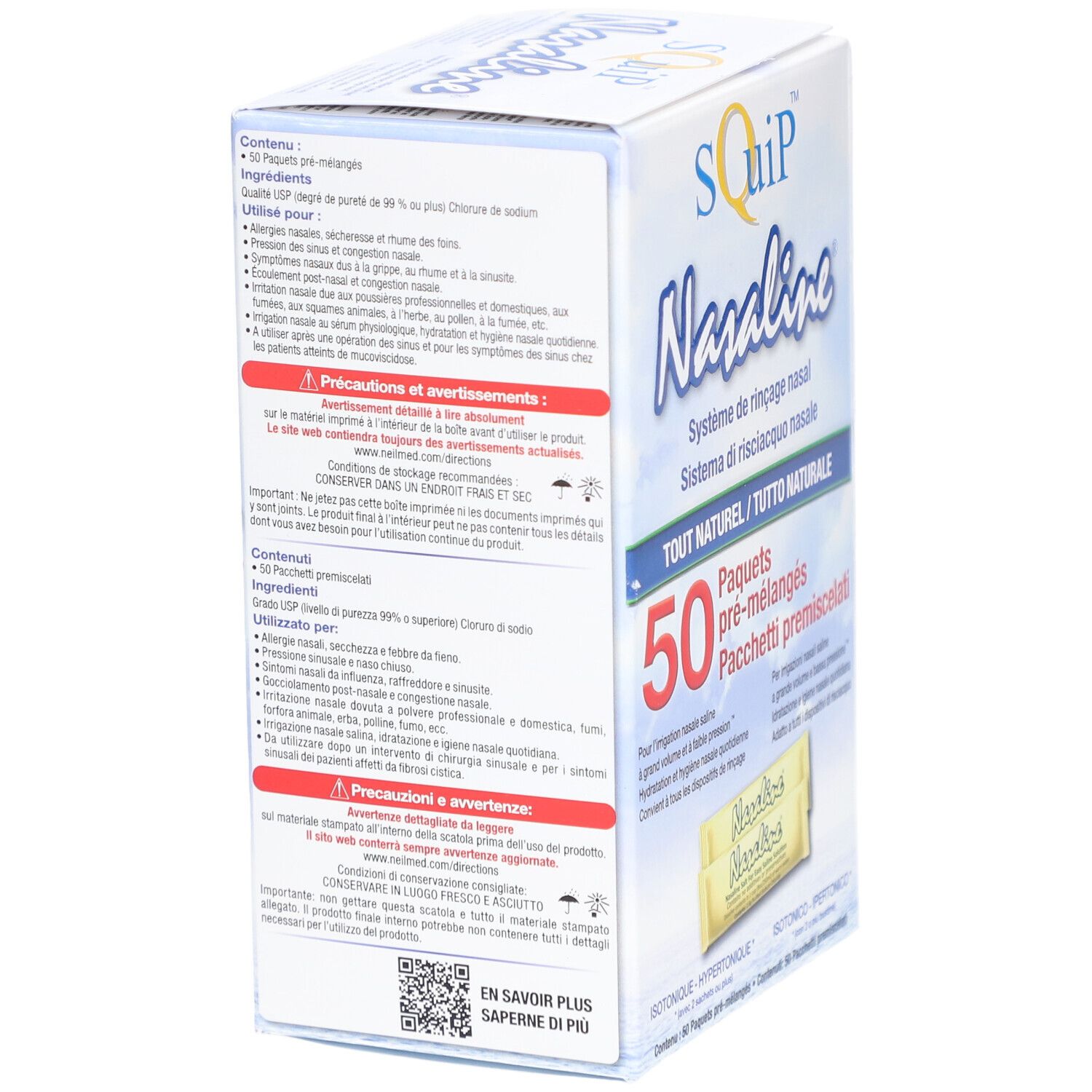 Boîte de Nasaline pour rinçage nasal. Contient 50 sachets pré-mélangés. Dos avec informations et avertissements.