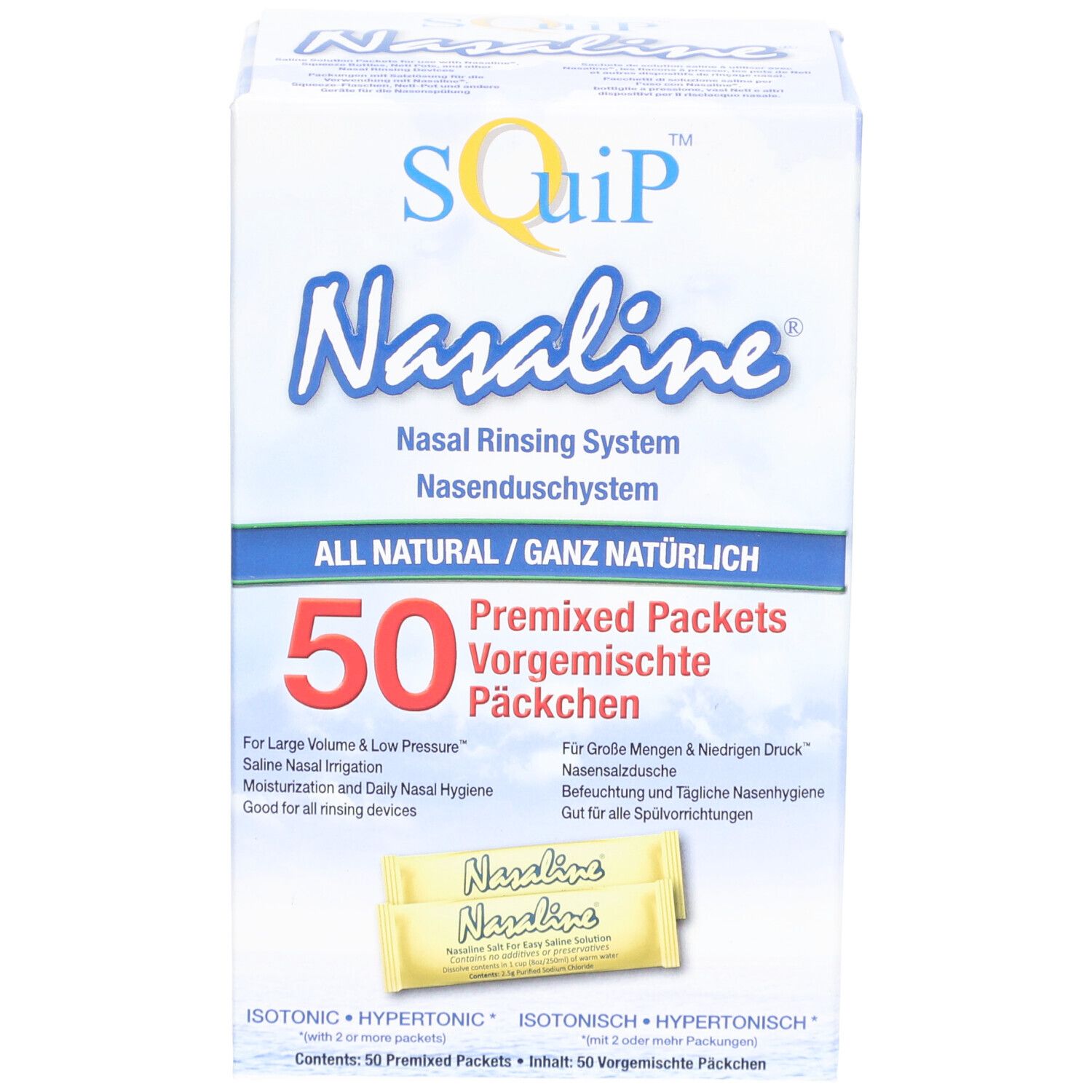 Boîte de Nasaline pour rinçage nasal. Contient 50 sachets pré-mélangés. Inscription : Système de rinçage nasal, TOUT NATUREL.