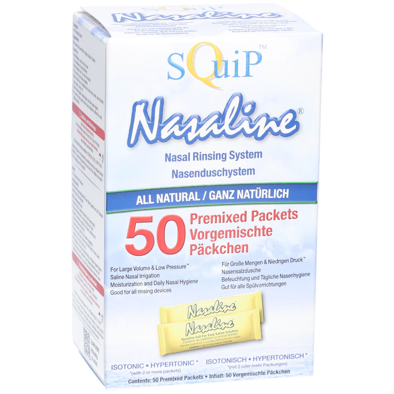 Boîte de Nasaline pour rinçage nasal. Contient 50 sachets pré-mélangés. Inscription : Système de rinçage nasal, TOUT NATUREL.
