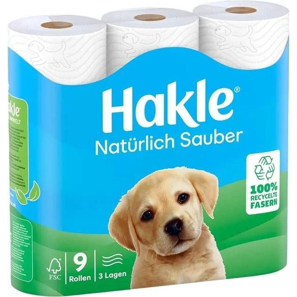 Hakle Toilettenpapier, 9 Rollen, 3 Lagen, mit Hundemotiv und FSC-Siegel.