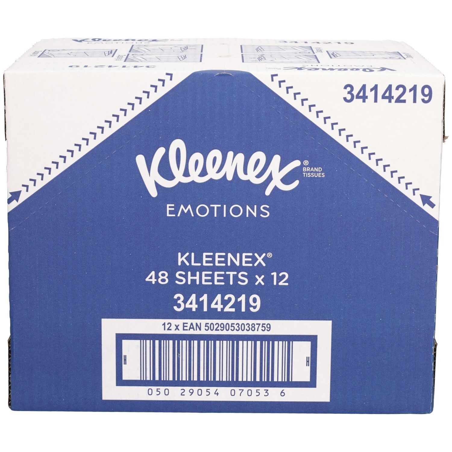 Karton mit Kleenex Kosmetiktücher. Blaue und weiße Verpackung. Text: Kleenex Emotions, 48 Tücher x 12, Barcode.