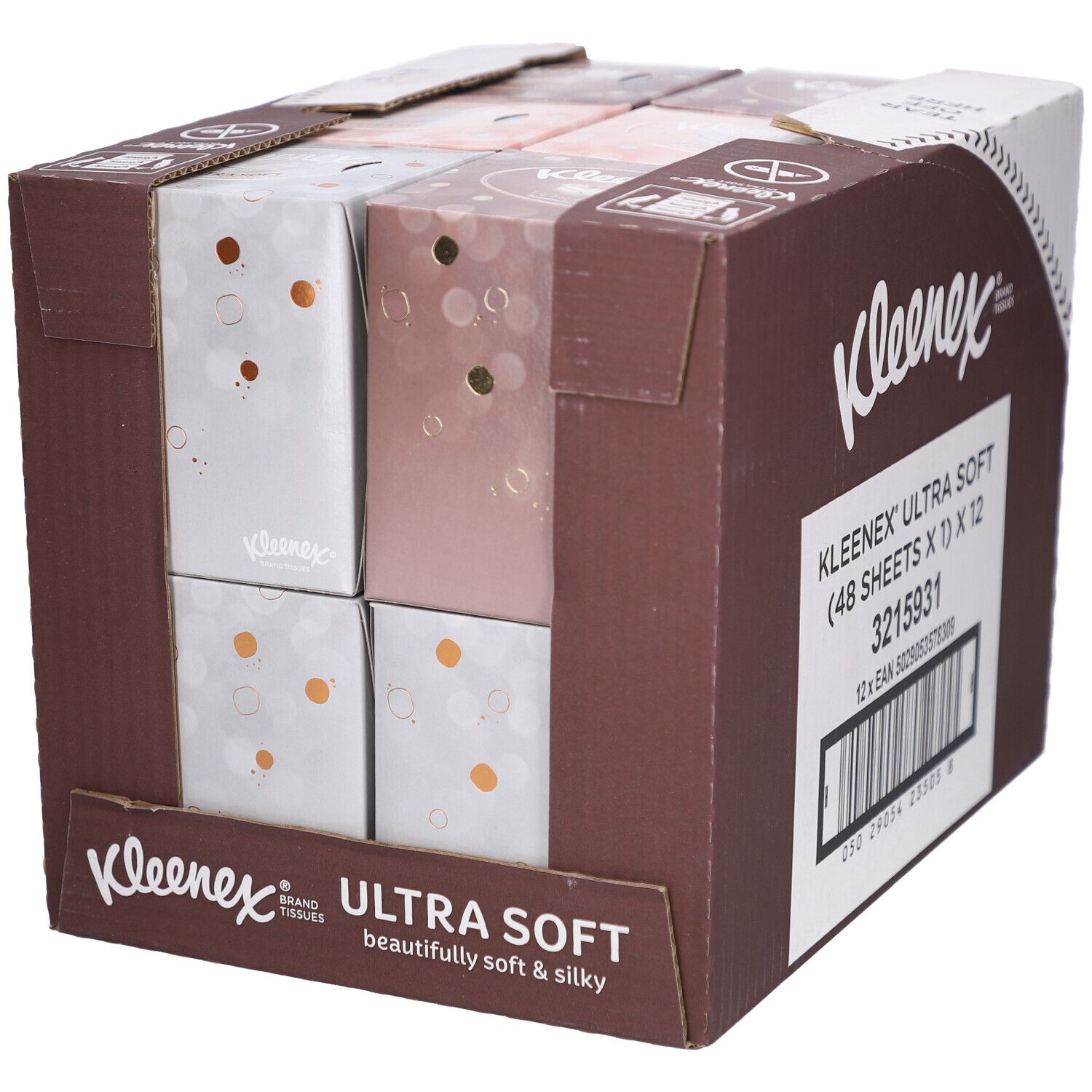 Karton mit Kleenex Ultra Soft Taschentüchern. Sichtbar: 4 Boxen. Aufschrift: Ultra Soft. Braun und weiß.