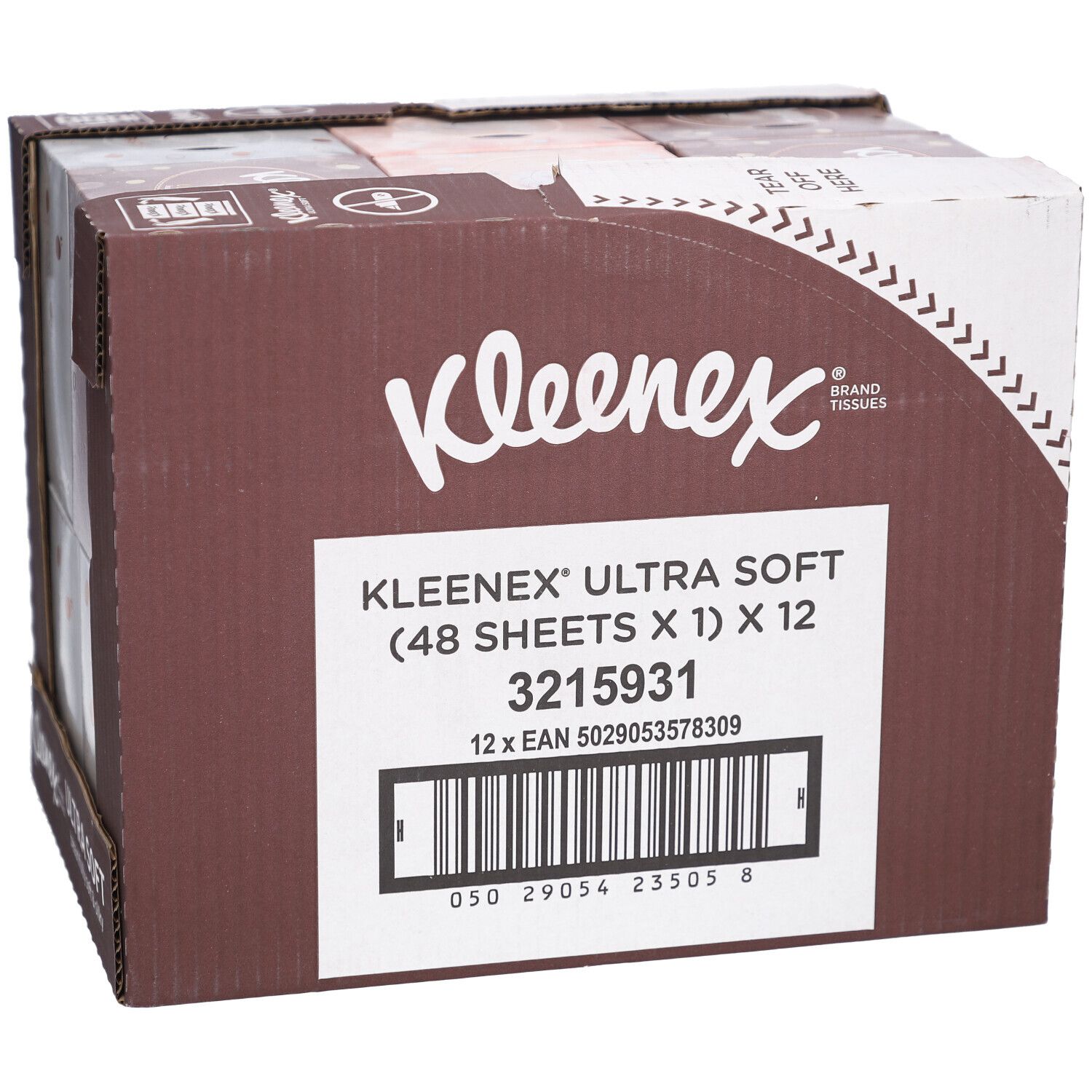 Karton mit Kleenex Ultra Soft Taschentüchern. Aufschrift: 48 Tücher x 12. Barcode und Produktnummer.