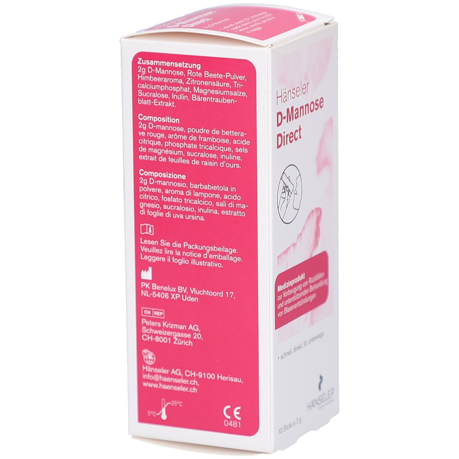 Rückseite der weißen Schachtel mit rosa Akzenten. Auflistung der Inhaltsstoffe in Deutsch, Französisch und Italienisch. Herstellerinformationen.