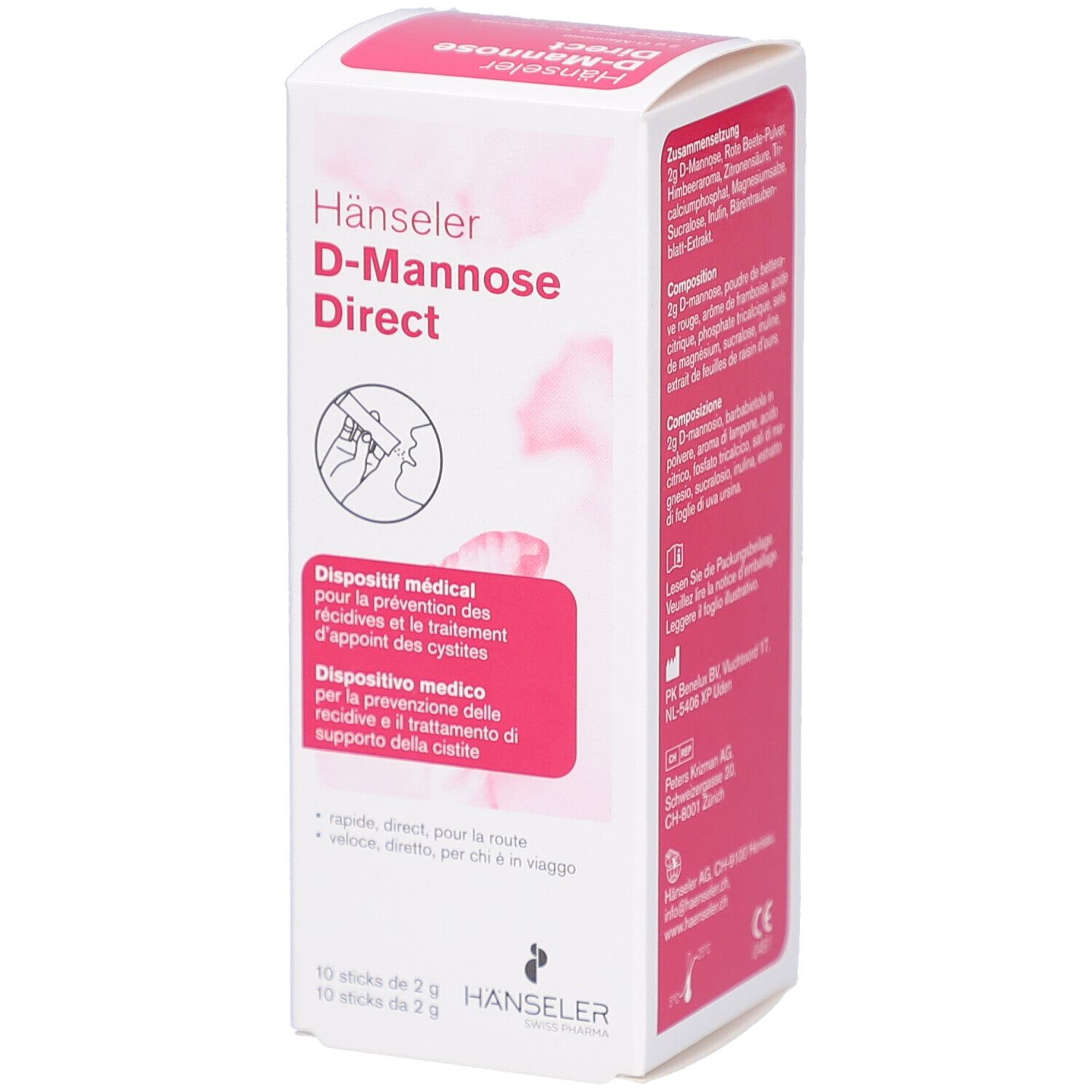 Weiße Schachtel mit rosa Akzenten. Aufschrift: Hänseler D-Mannose Direct. Medizinprodukt. 10 Sticks à 2 g. Mehrsprachige Texte.