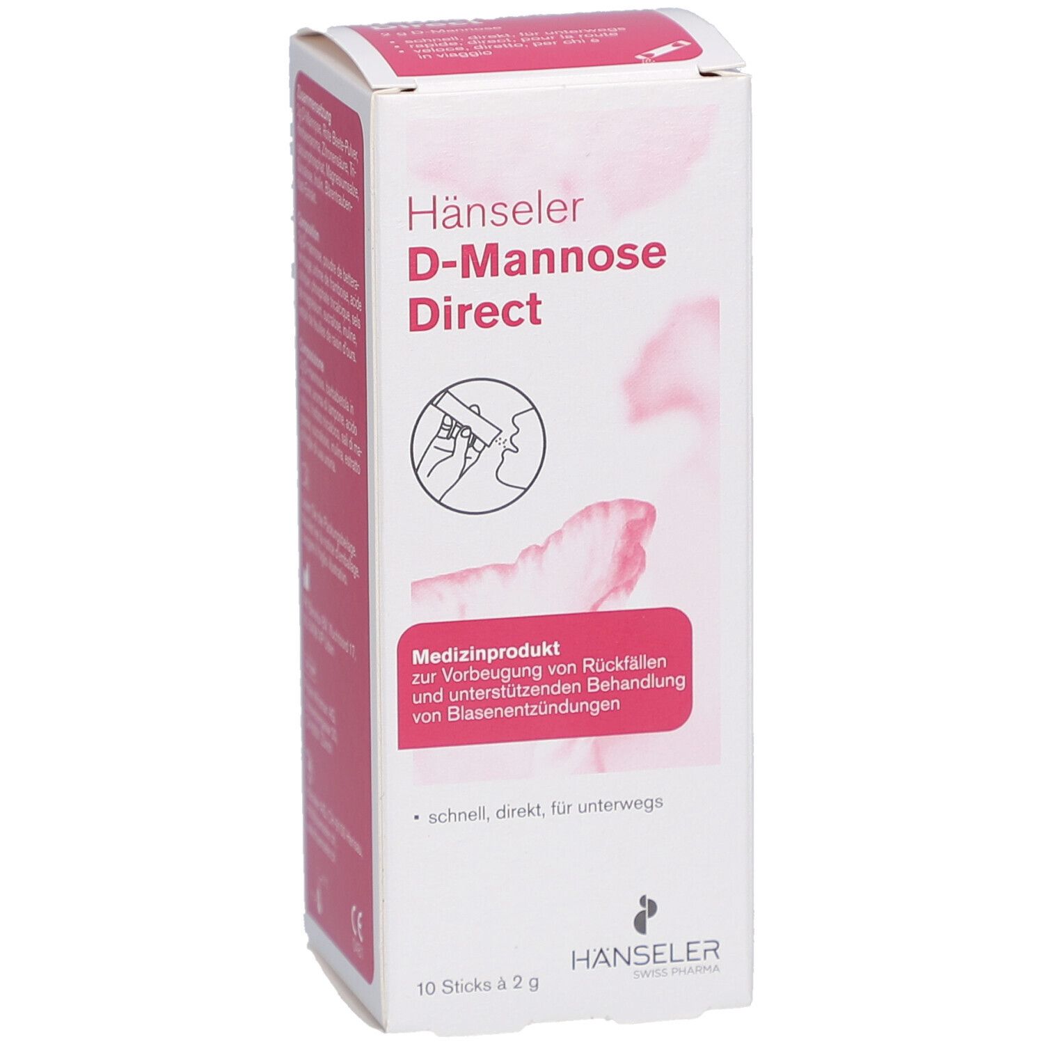 Weiße Schachtel mit rosa Akzenten. Aufschrift: Hänseler D-Mannose Direct. Medizinprodukt. Illustration einer Person.
