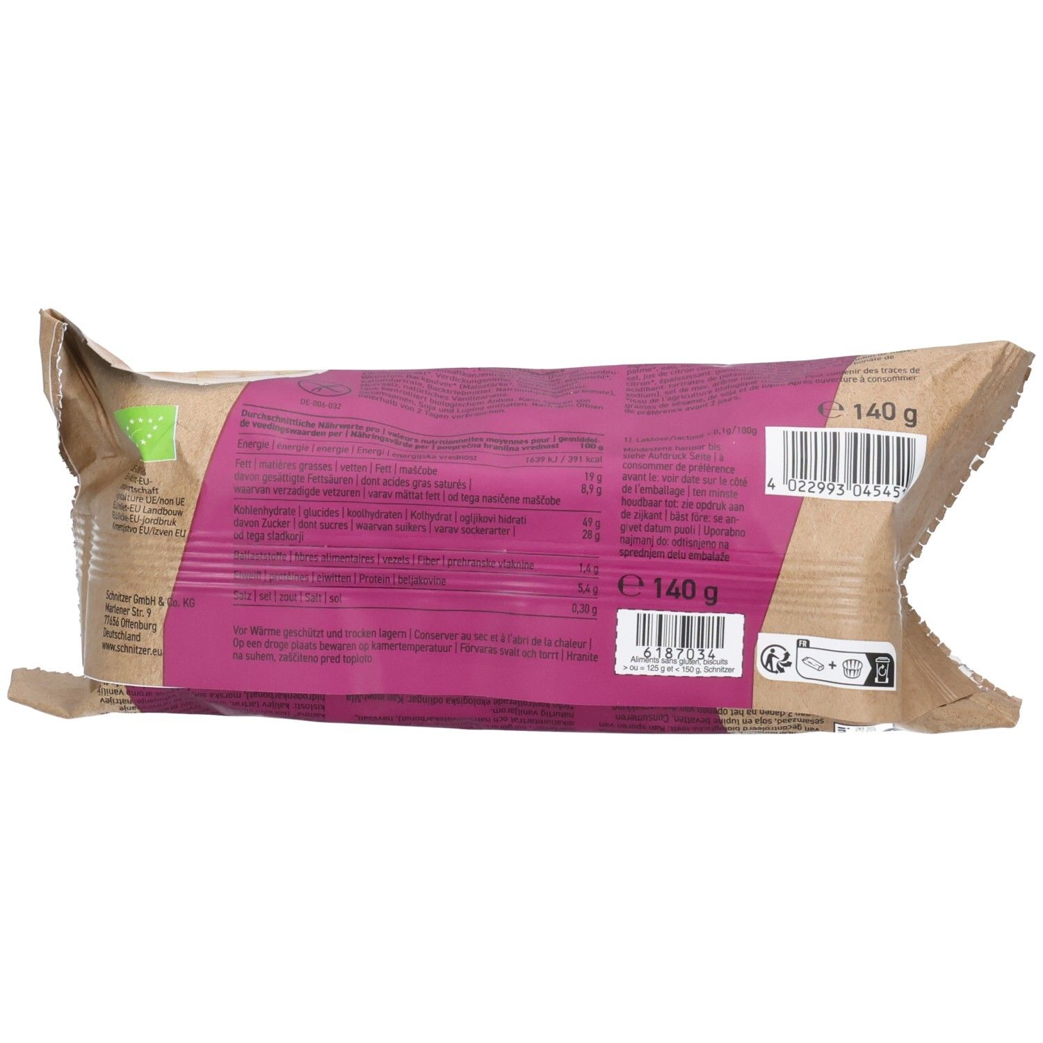 Arrière d'un paquet de muffins vanille BIO sans gluten Schnitzer avec informations nutritionnelles.