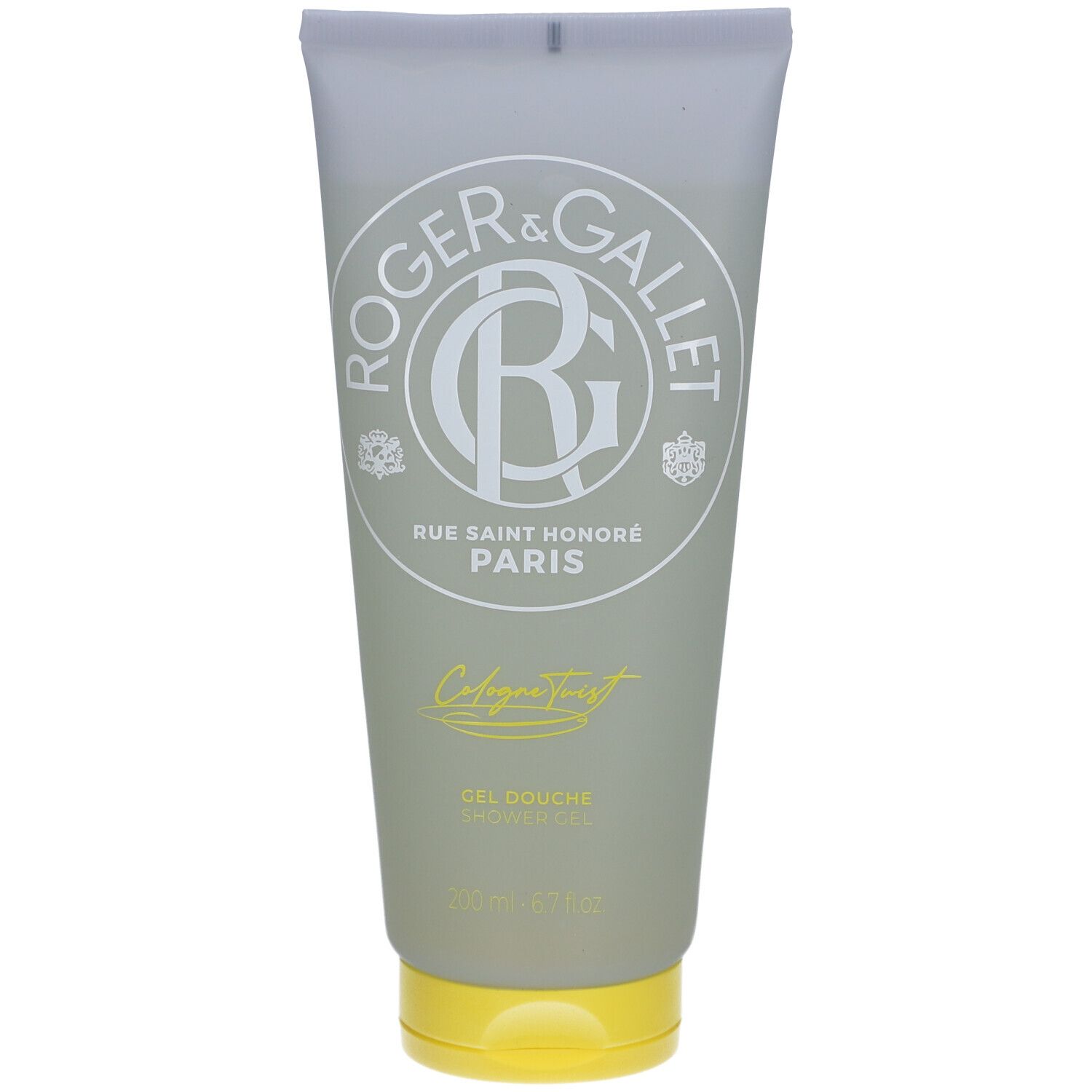 Tube grise avec bouchon jaune. Logo Roger & Gallet. Inscription: Cologne Twist. Gel Douche. Contenance: 200 ml.