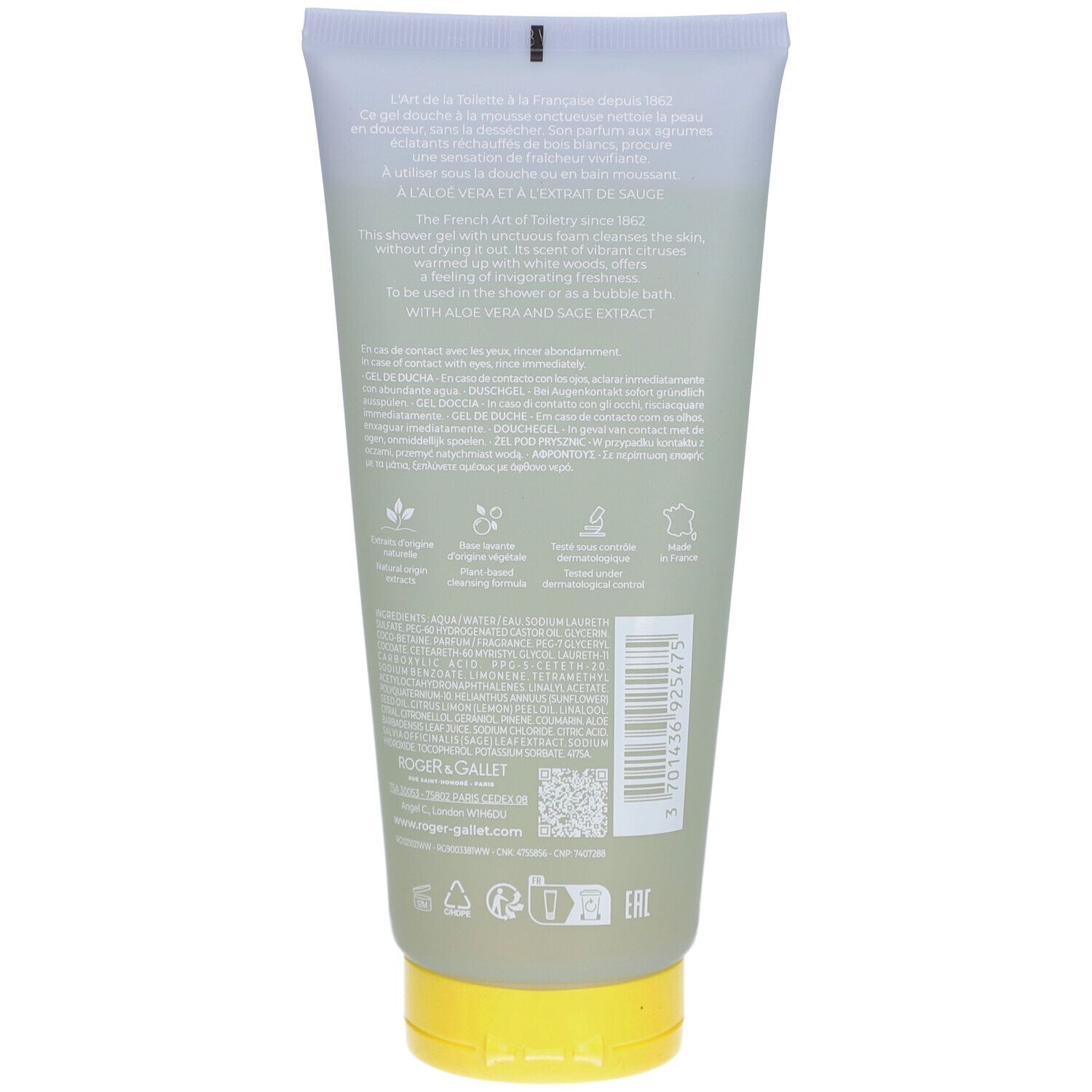 Dos du tube. Texte multilingue. Logo Roger & Gallet. Ingrédients. Symboles de recyclage.