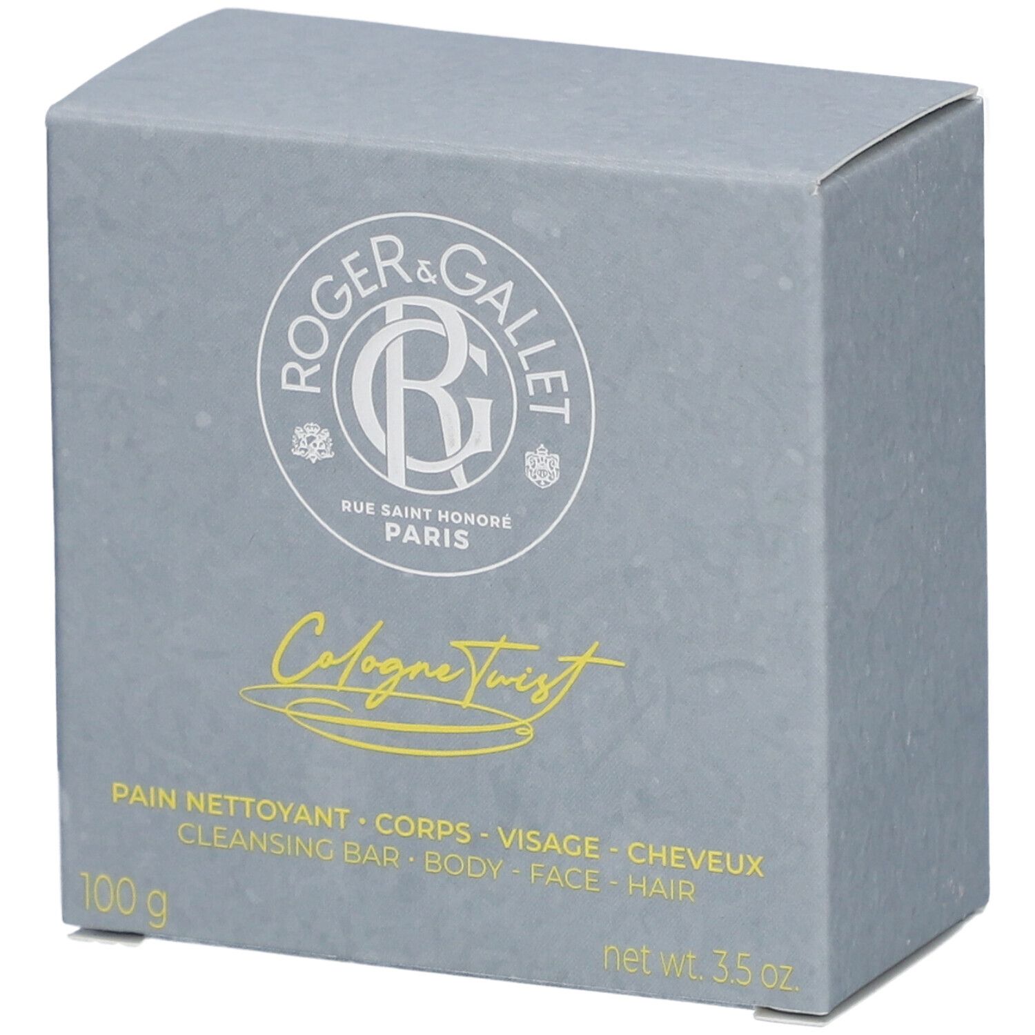 Boîte grise Roger & Gallet 'Cologne Twist'. Contient un pain nettoyant pour corps, visage et cheveux. 100g.