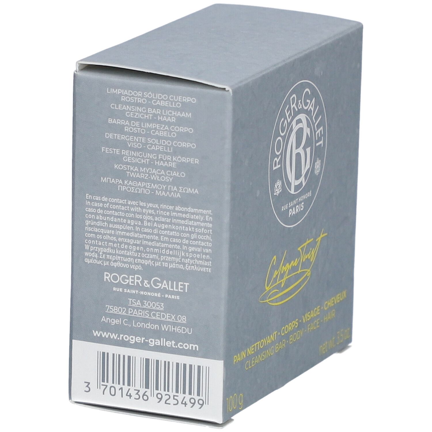Boîte grise Roger & Gallet avec texte. Informations sur le pain nettoyant 'Cologne Twist'. Code-barres visible.