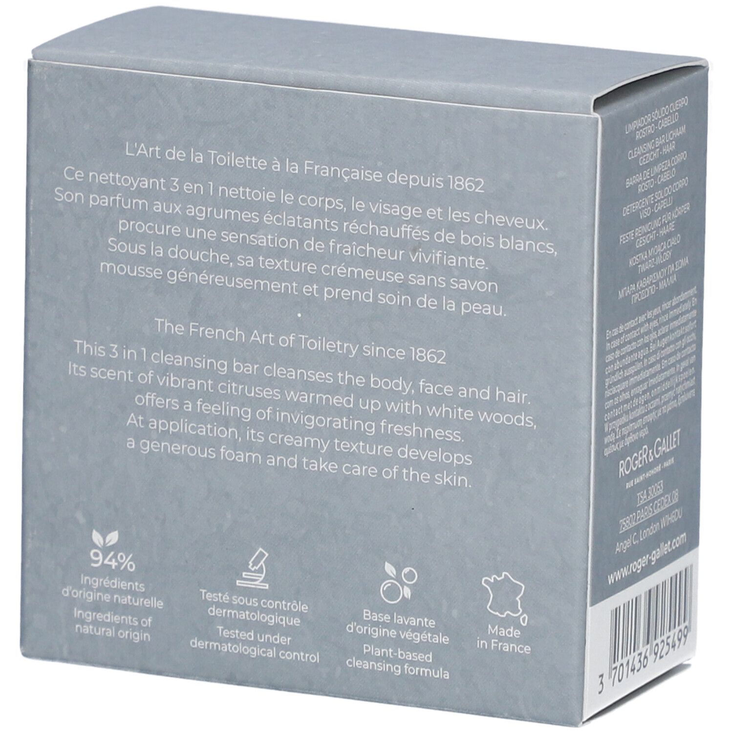 Dos de la boîte grise. Texte sur le pain nettoyant 'Cologne Twist'. Logos ingrédients naturels, contrôle dermatologique.