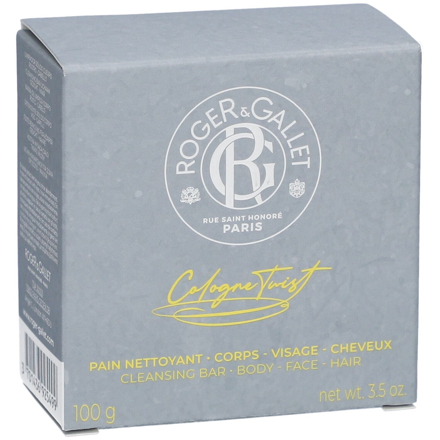 Boîte grise Roger & Gallet 'Cologne Twist'. Contient un pain nettoyant pour corps, visage et cheveux. 100g.