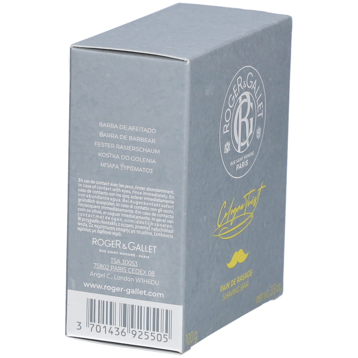 Graue Schachtel mit Text in mehreren Sprachen. Logo von Roger & Gallet. Barcode und Kontaktinformationen sind sichtbar.