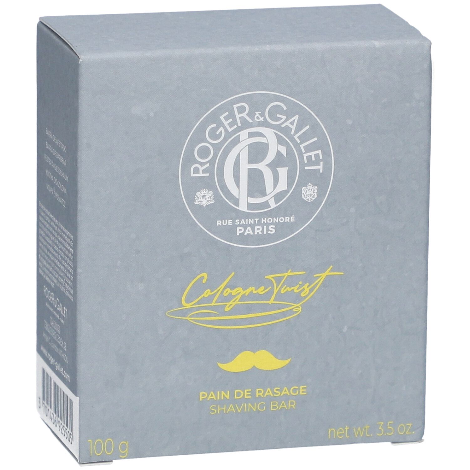 Graue Schachtel mit Logo und Schriftzug. "Cologne Twist" und "Pain de Rasage" sind sichtbar. 100 g, 3.5 oz.