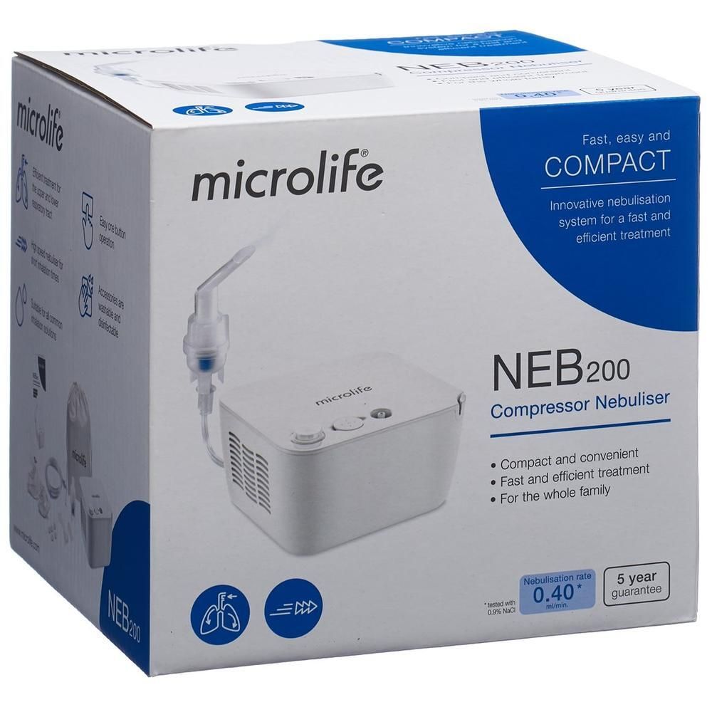 Microlife NEB 200 Kompressor-Vernebler. Weiße Box mit Produkt und Zubehör. Marke und Produktname deutlich sichtbar.