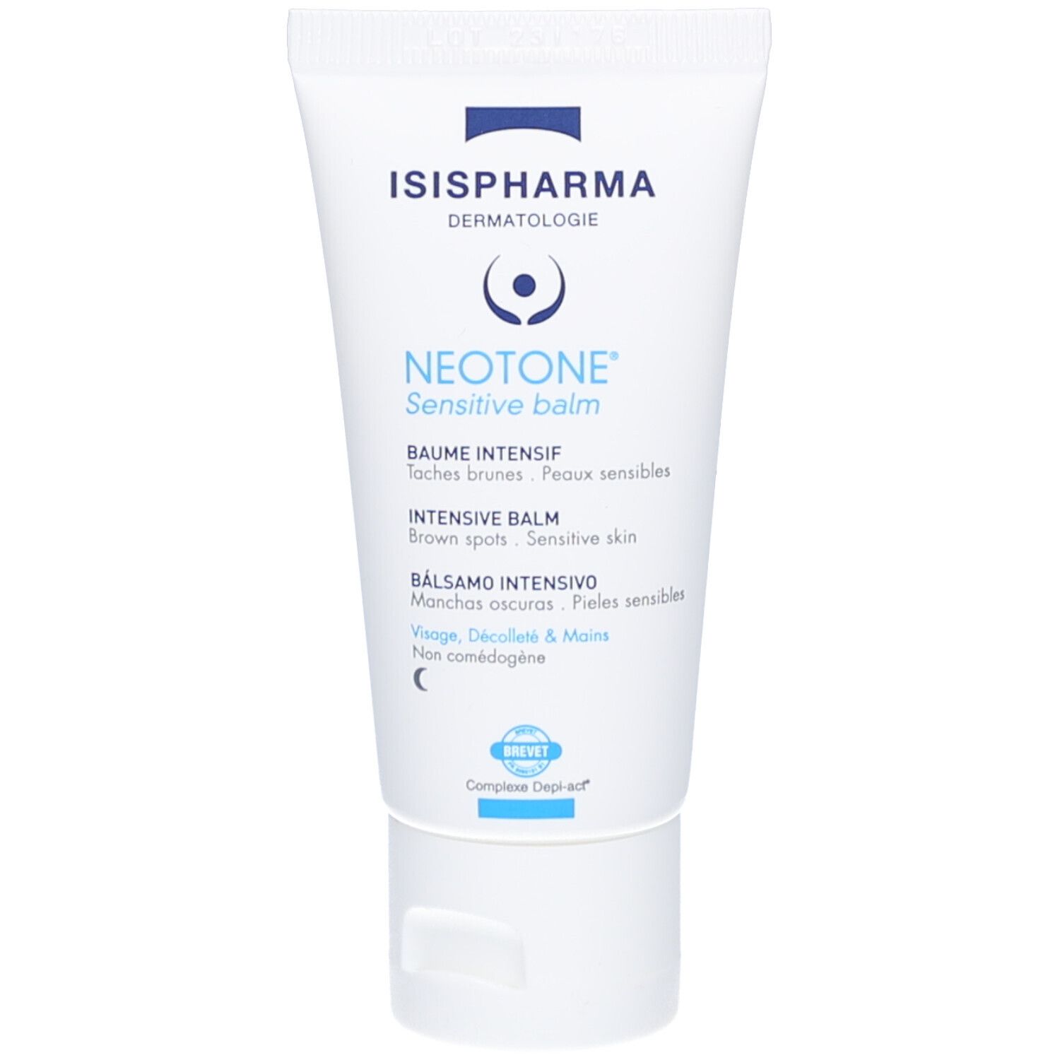 Weiße Tube mit blauer Schrift. ISIS PHARMA, NEOTONE Sensitive balm. Produktname und Logo. Enthält Text in mehreren Sprachen.