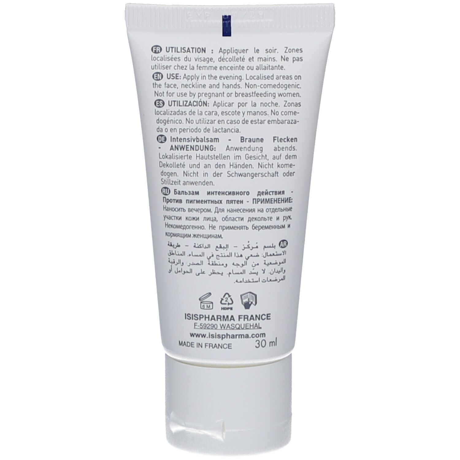 Rückseite der Tube. Mehrsprachiger Text. ISIS PHARMA, 30 ml. Hergestellt in Frankreich.