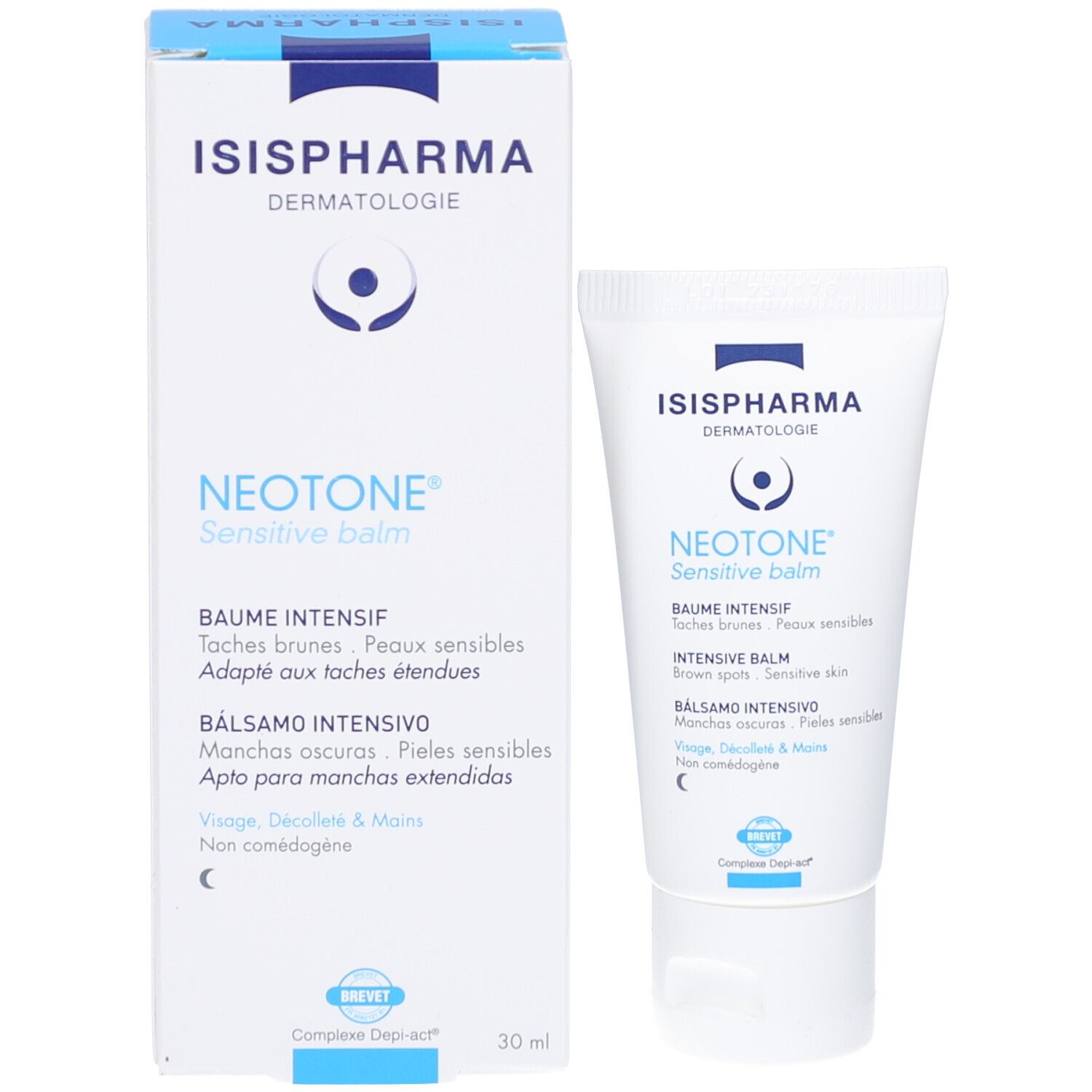 Produkt und Verpackung. Weiße Schachtel und Tube. ISIS PHARMA, NEOTONE Sensitive balm. 30 ml.