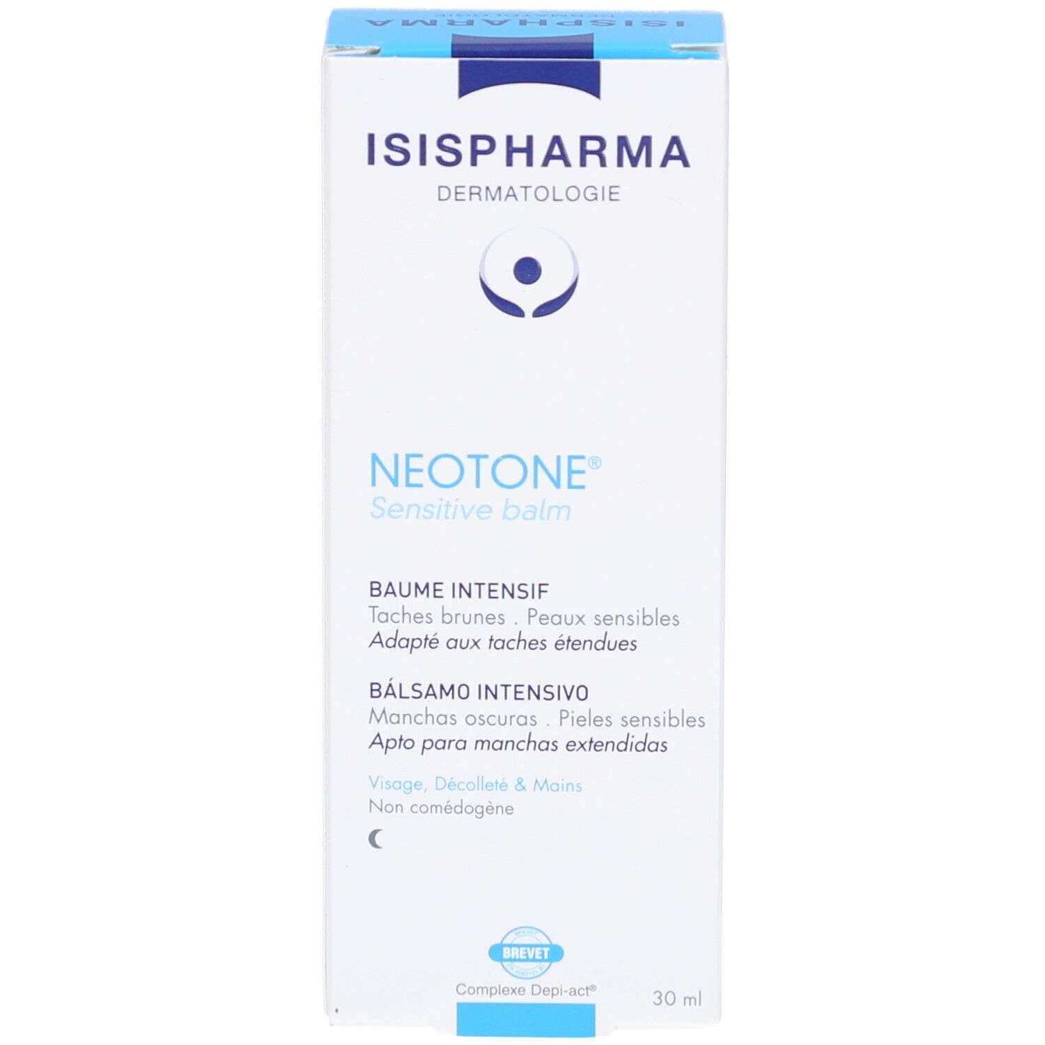 Weiße Schachtel mit blauer Schrift. ISIS PHARMA, NEOTONE Sensitive balm. Produktname und Logo. 30 ml.