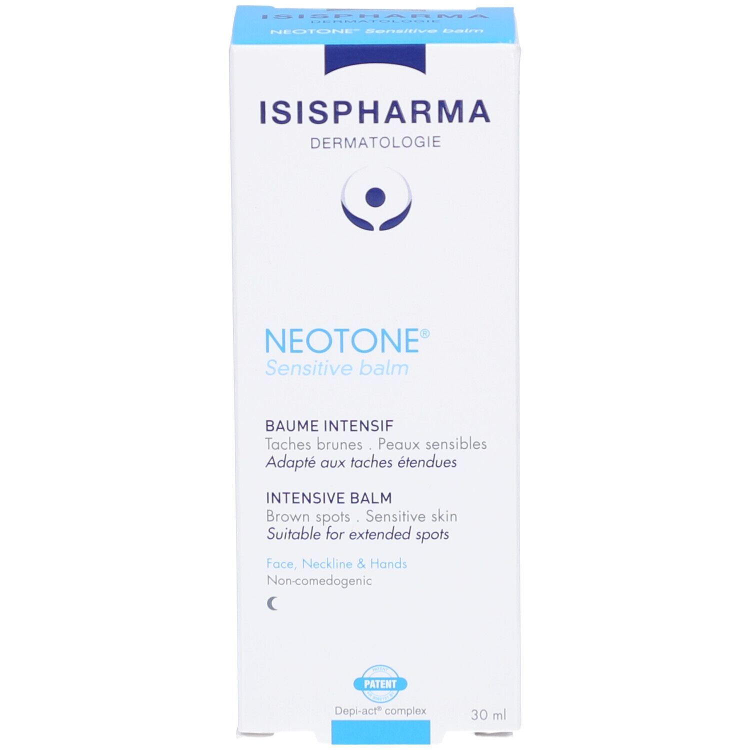 Weiße Schachtel mit blauer Schrift. ISIS PHARMA, NEOTONE Sensitive balm. Produktname und Logo. 30 ml.