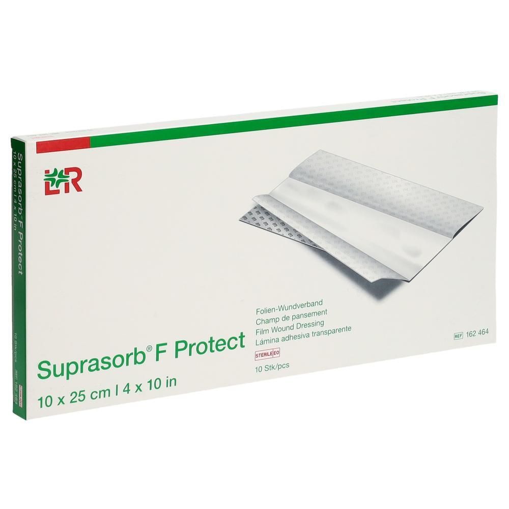 Verpackung von Suprasorb F Protect Film Wundverband. 10 Stück. Abmessungen: 10 x 25 cm. Sichtbar: Verband, Verpackung.
