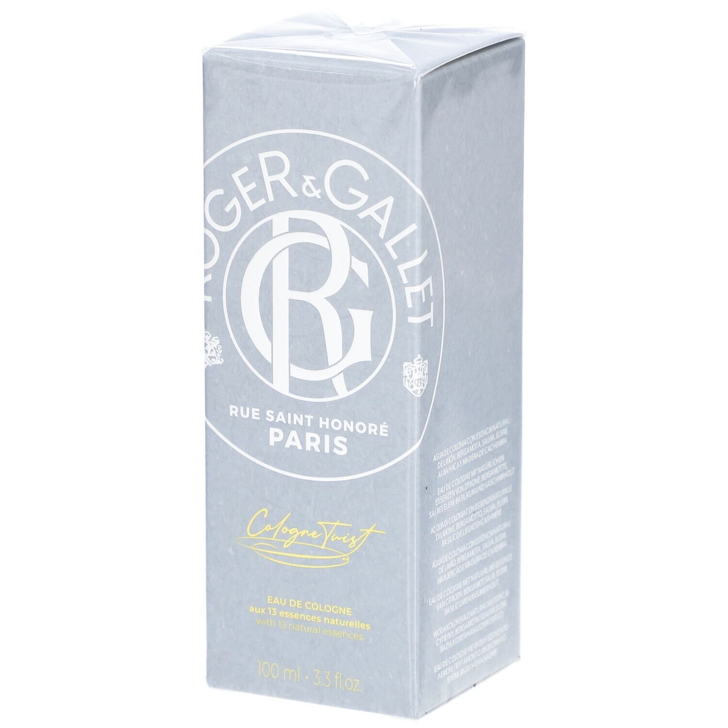 Graue rechteckige Schachtel. Logo und Schriftzug Roger & Gallet, Rue Saint Honoré Paris. Aufschrift Cologne Twist, Eau de Cologne.