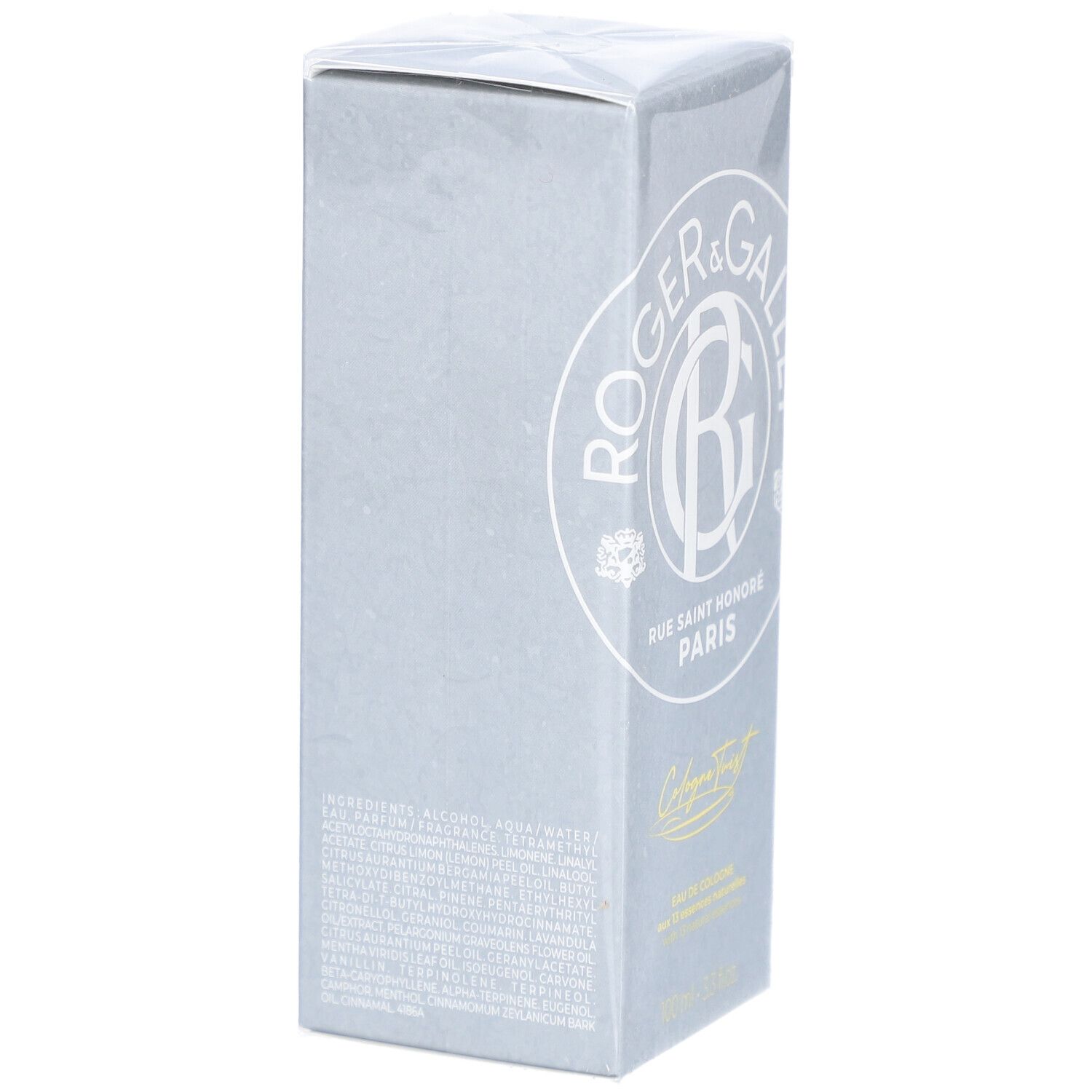 Graue rechteckige Schachtel. Logo und Schriftzug Roger & Gallet, Rue Saint Honoré Paris. Text auf der Seite.
