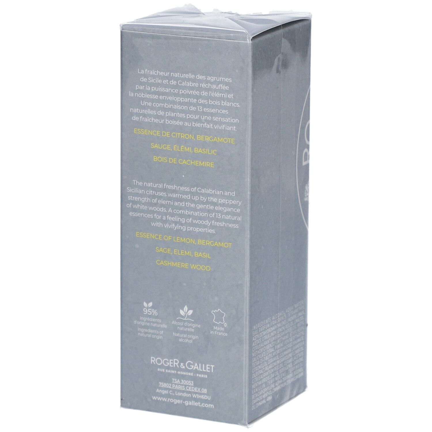 Graue rechteckige Schachtel. Text über Inhaltsstoffe und Zertifizierungen. Logo Roger & Gallet.