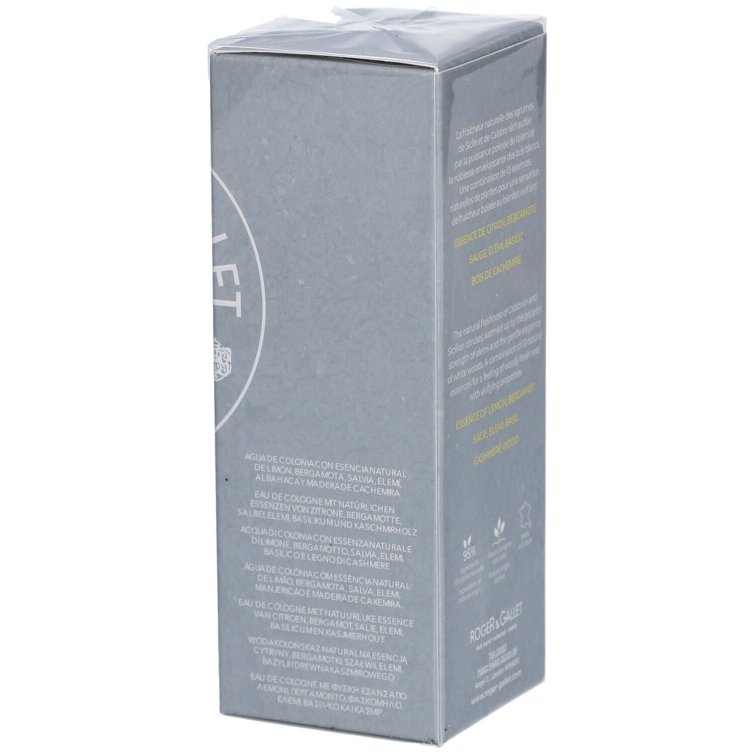 Graue rechteckige Schachtel. Text über Inhaltsstoffe und Zertifizierungen. Logo Roger & Gallet.