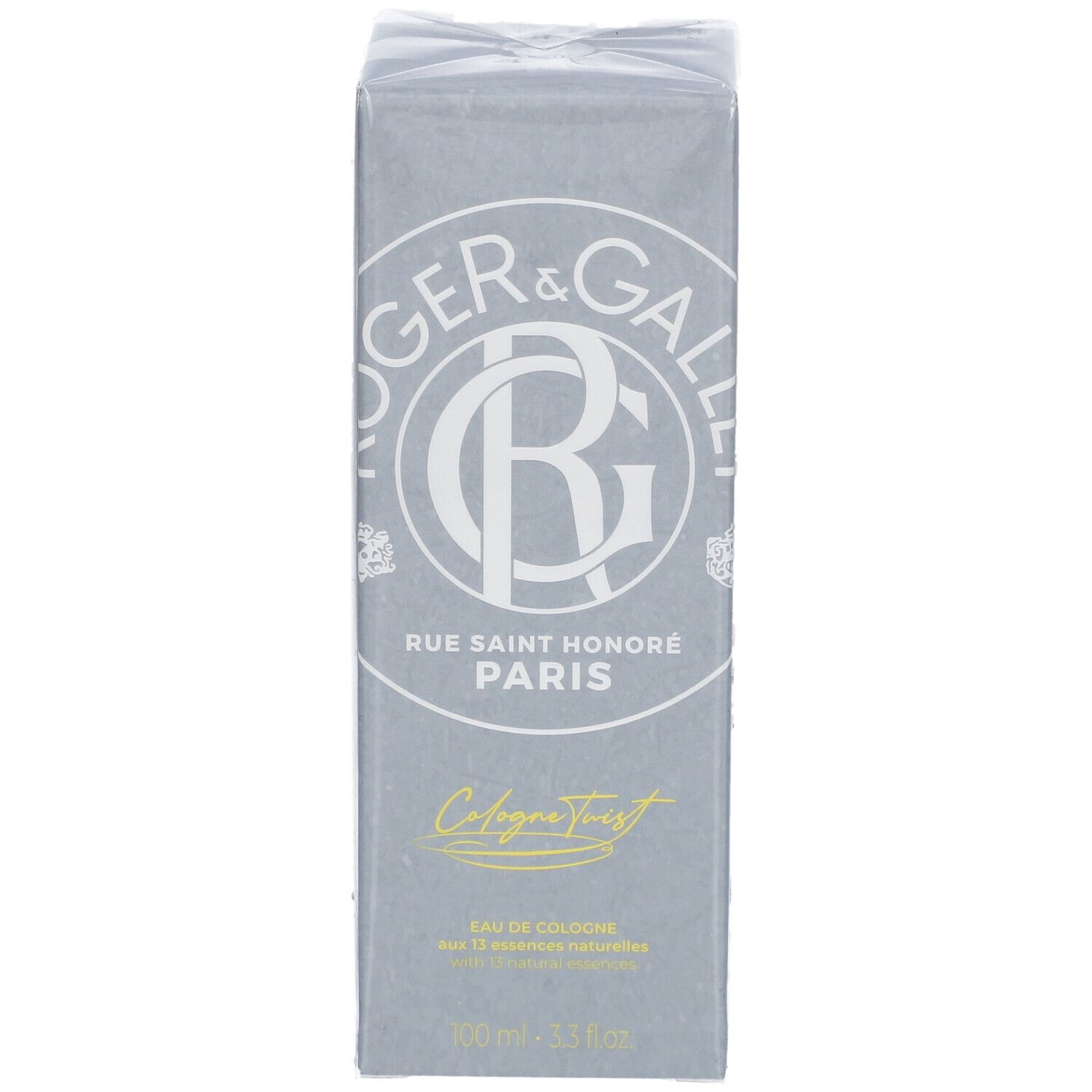 Graue rechteckige Schachtel. Logo und Schriftzug Roger & Gallet, Rue Saint Honoré Paris. Aufschrift Cologne Twist, Eau de Cologne.