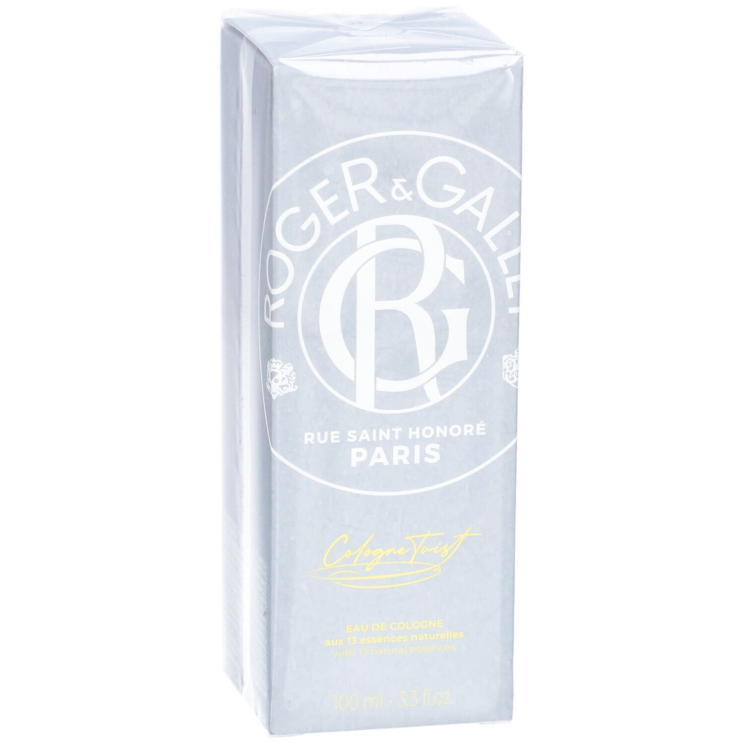Graue rechteckige Schachtel. Logo und Schriftzug Roger & Gallet, Rue Saint Honoré Paris. Aufschrift Cologne Twist, Eau de Cologne.