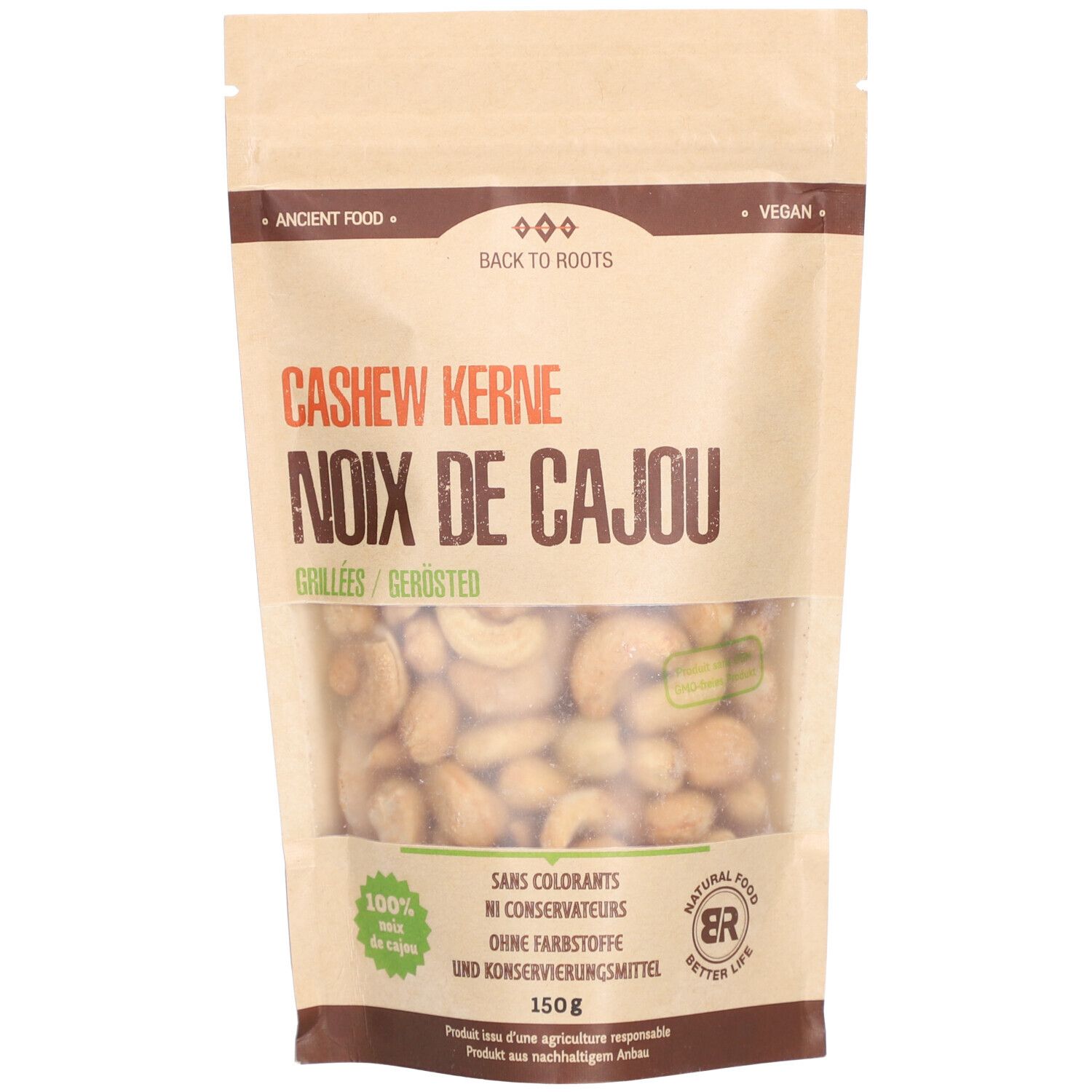 Sachet de noix de cajou grillées. Fenêtre transparente. Texte: Back to Roots, Cashew Kerne, Noix de Cajou.