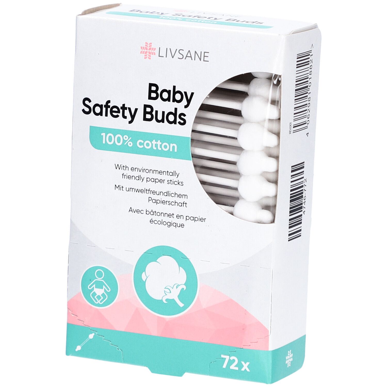 Verpackung mit LIVSANE Baby Safety Buds. 72 Wattestäbchen, 100% Baumwolle. Sichtbar sind Wattestäbchen mit weißem Kopf.