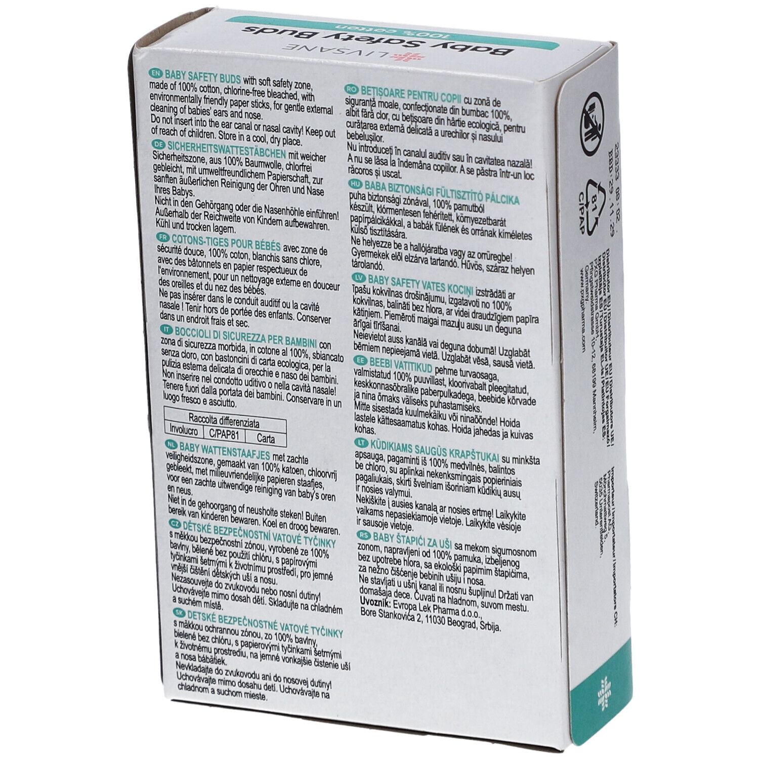 Rückseite der Verpackung von LIVSANE Baby Safety Buds. Text in mehreren Sprachen. Informationen zu Inhaltsstoffen und Hersteller.