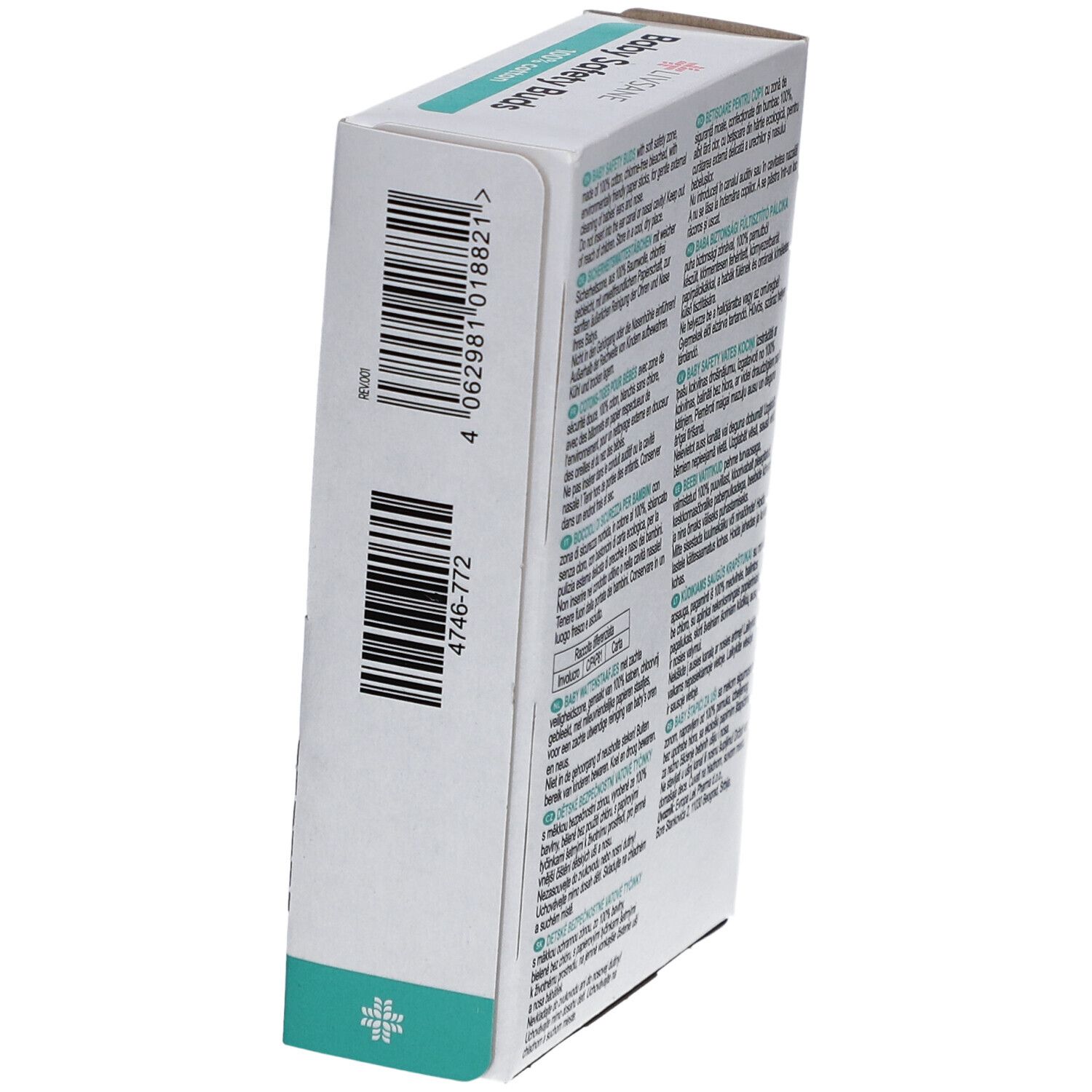 Seite der Verpackung von LIVSANE Baby Safety Buds. Barcode und Text. Herstellerinformationen.