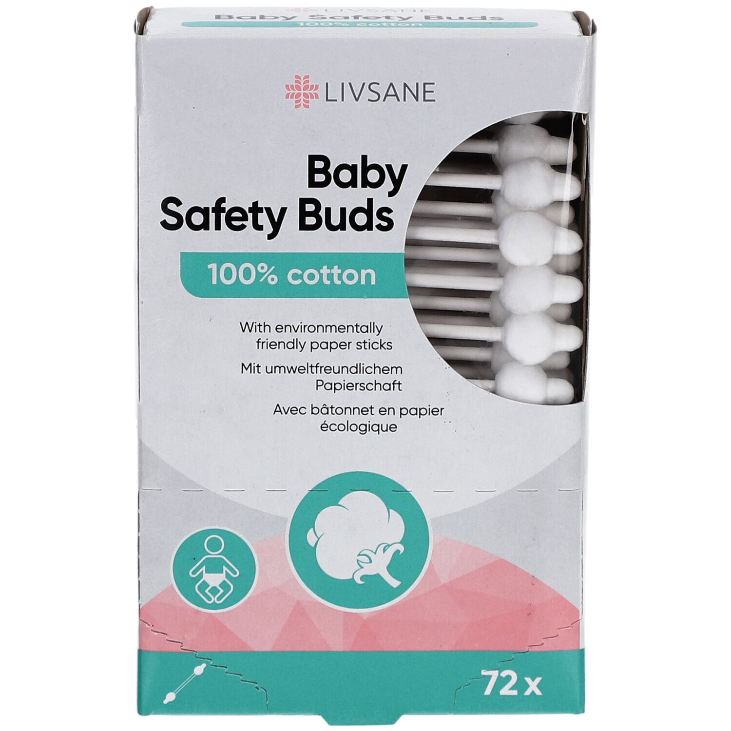 Verpackung mit LIVSANE Baby Safety Buds. 72 Wattestäbchen, 100% Baumwolle. Sichtbar sind Wattestäbchen mit weißem Kopf.