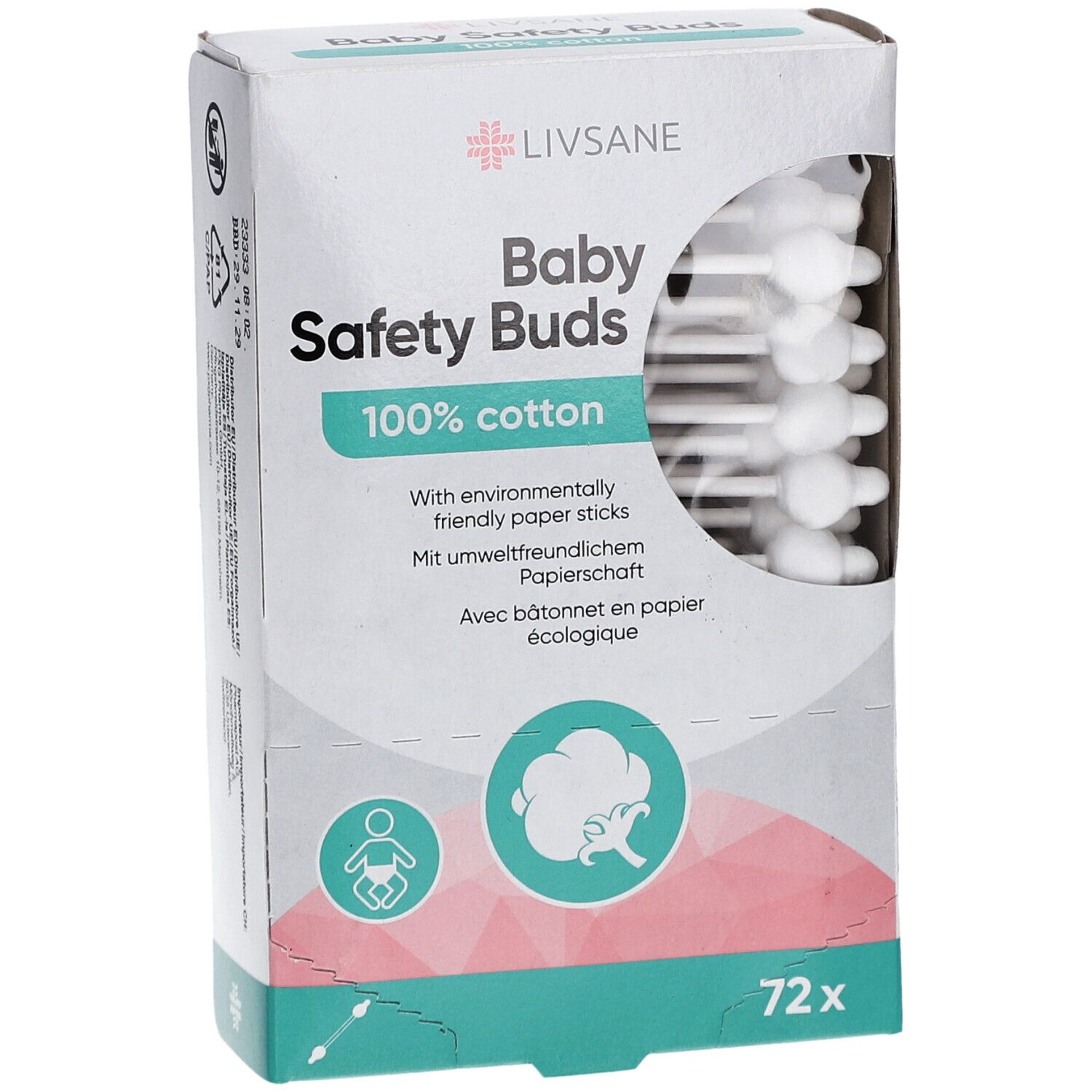 Verpackung mit LIVSANE Baby Safety Buds. 72 Wattestäbchen, 100% Baumwolle. Sichtbar sind Wattestäbchen mit weißem Kopf.