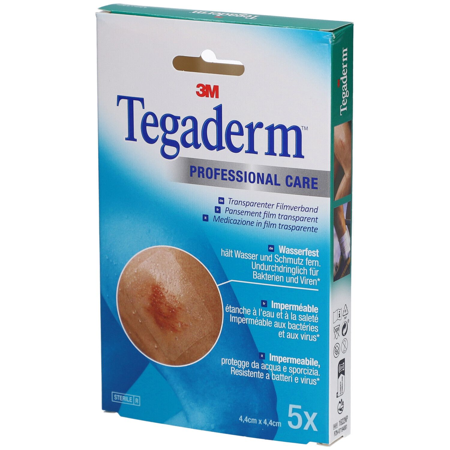 Verpackung von 3M Tegaderm. Aufdruck: Transparentes Folienverband, wasserfest, 5 Stück, 4,4 cm x 4,4 cm.