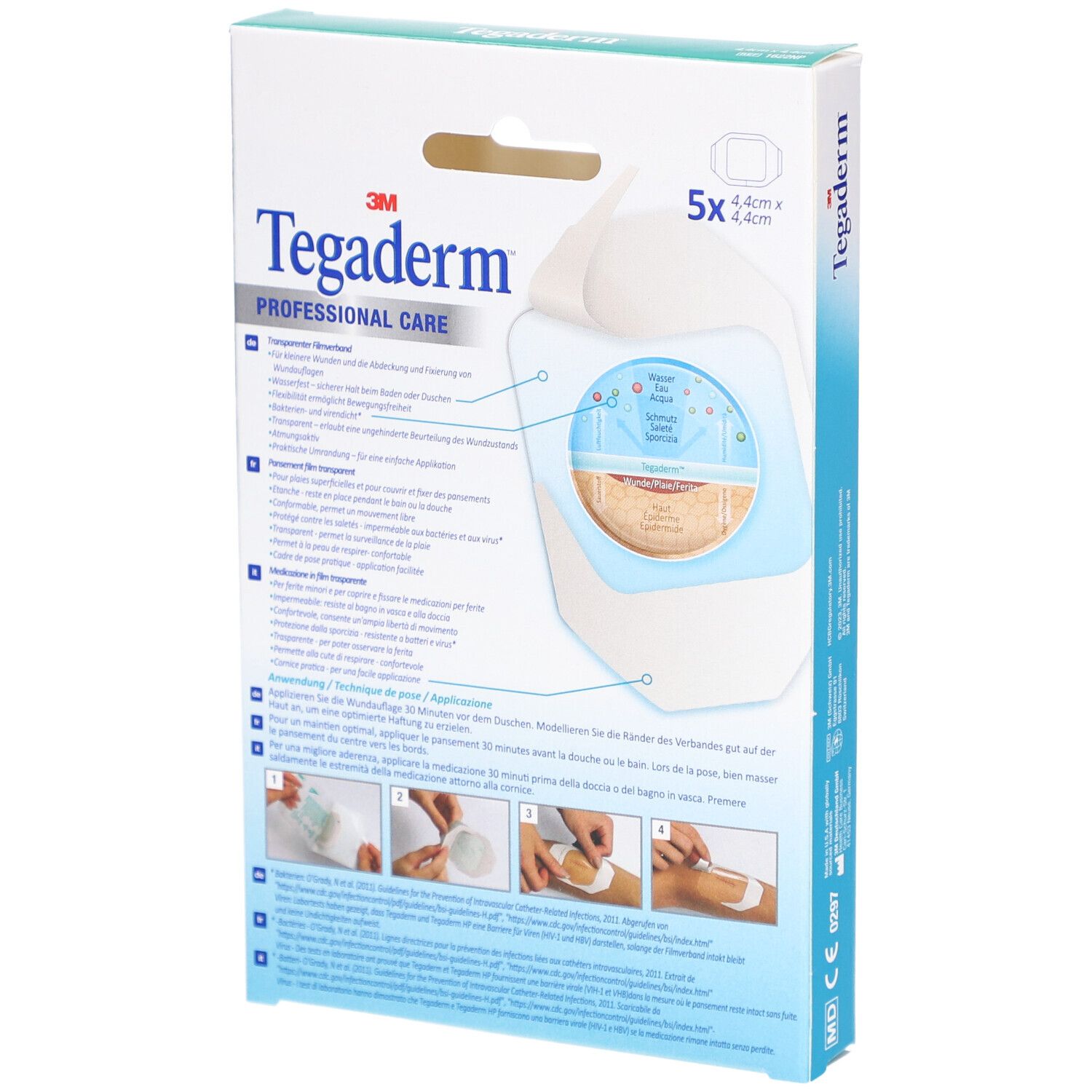 Rückseite der 3M Tegaderm Verpackung. Abbildungen: Anwendungsschritte. Text: Anwendungshinweise in mehreren Sprachen.