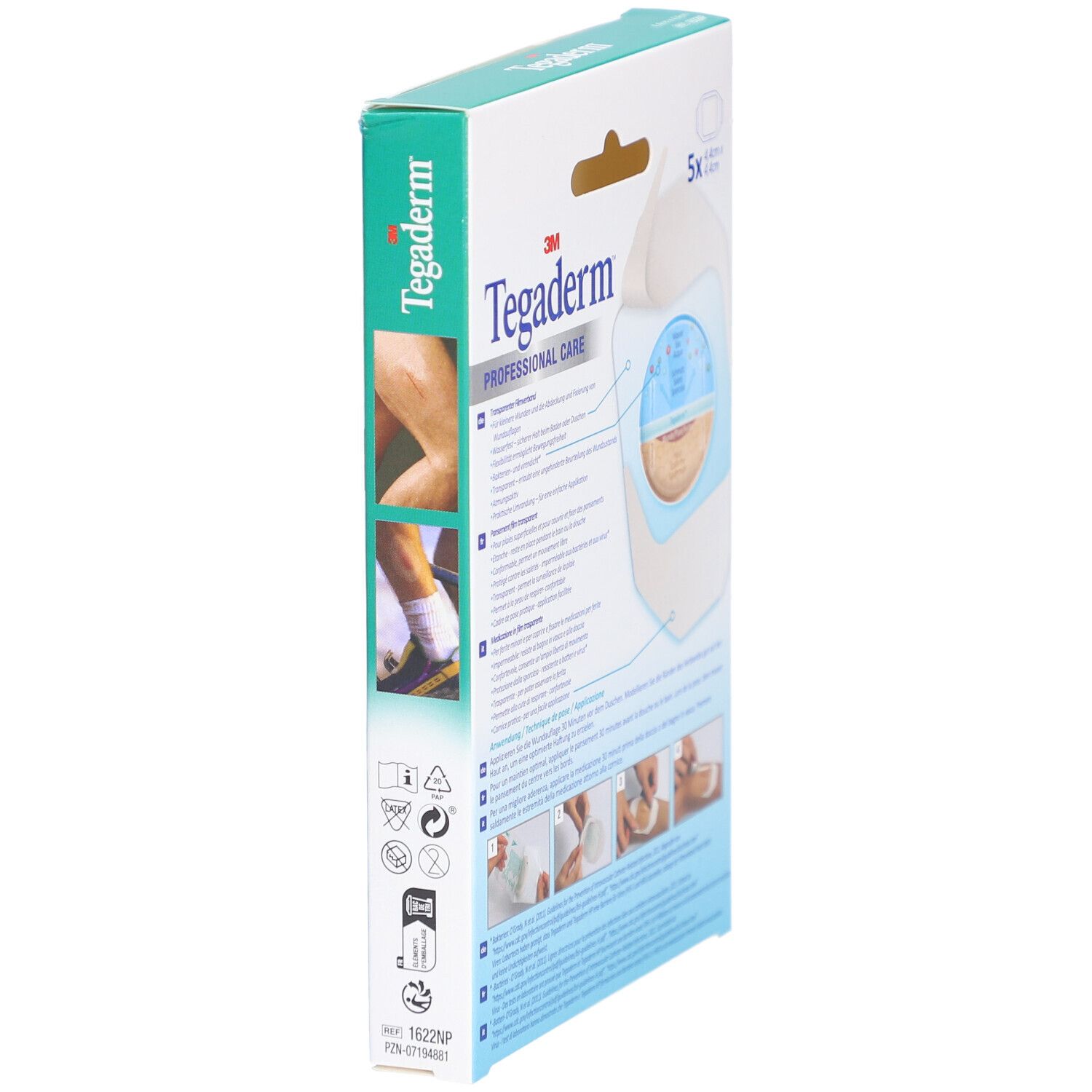 3M Tegaderm Verpackung, Seitenansicht. Abbildungen: Anwendungsschritte. Text: Anwendungshinweise in mehreren Sprachen.