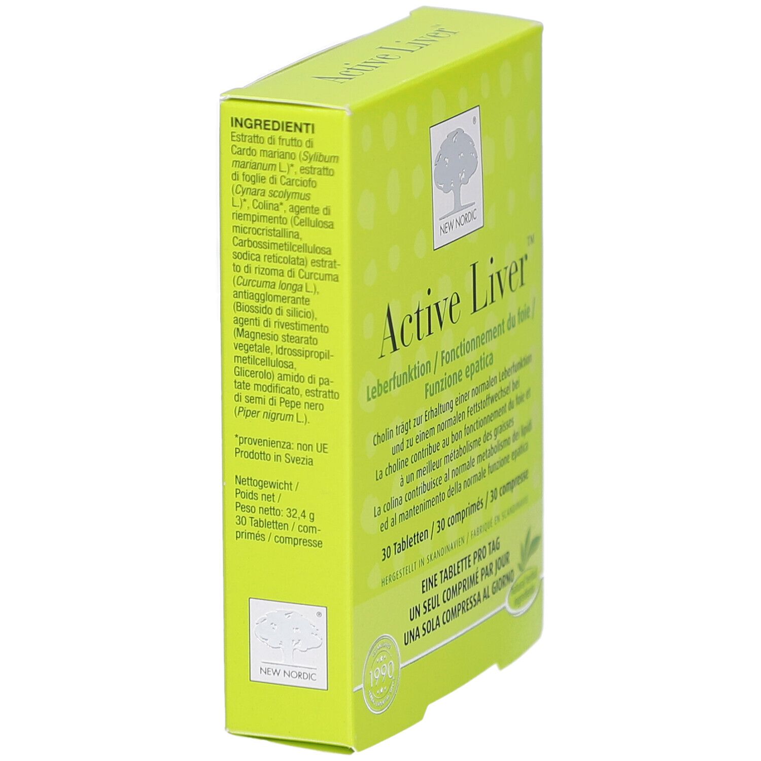 Boîte verte, vue latérale. "Active Liver" et ingrédients visibles. Marque : New Nordic. Texte multilingue.