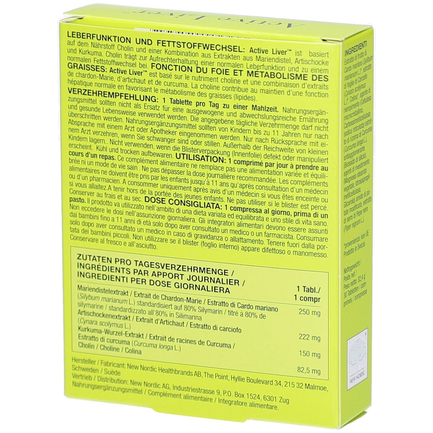 Dos de la boîte verte. Texte multilingue. Informations sur les ingrédients et le dosage.