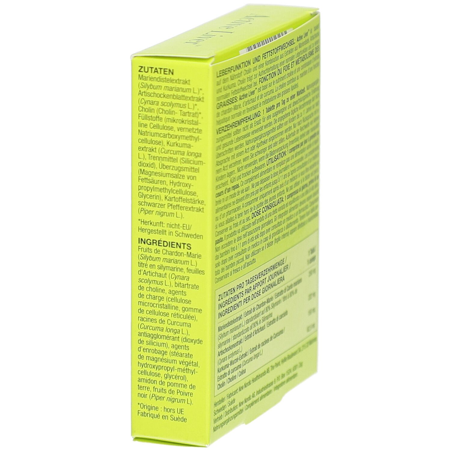 Vue latérale de la boîte verte. Texte multilingue. Informations sur les ingrédients.
